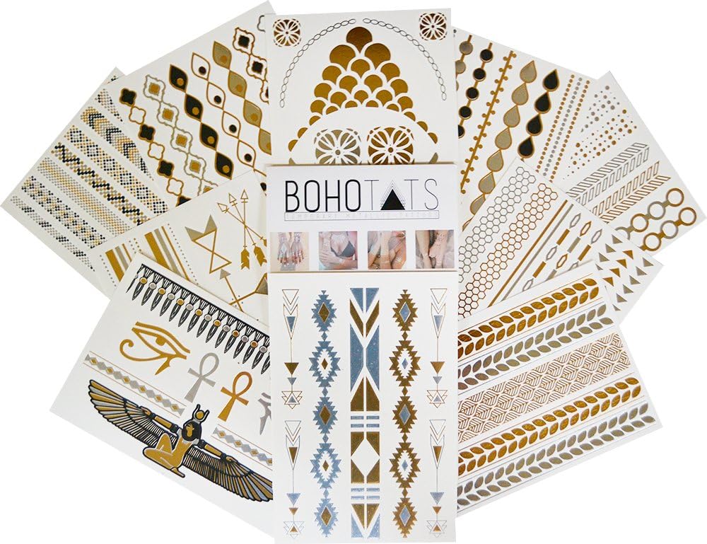 BohoTats Tattoos - Party Pack Edition - Over 100+ Intricate Designs - Stunning Metallic Flashtats - Non Toxic - Quality Guarantee - Temporary Flash Metallic Tattoo