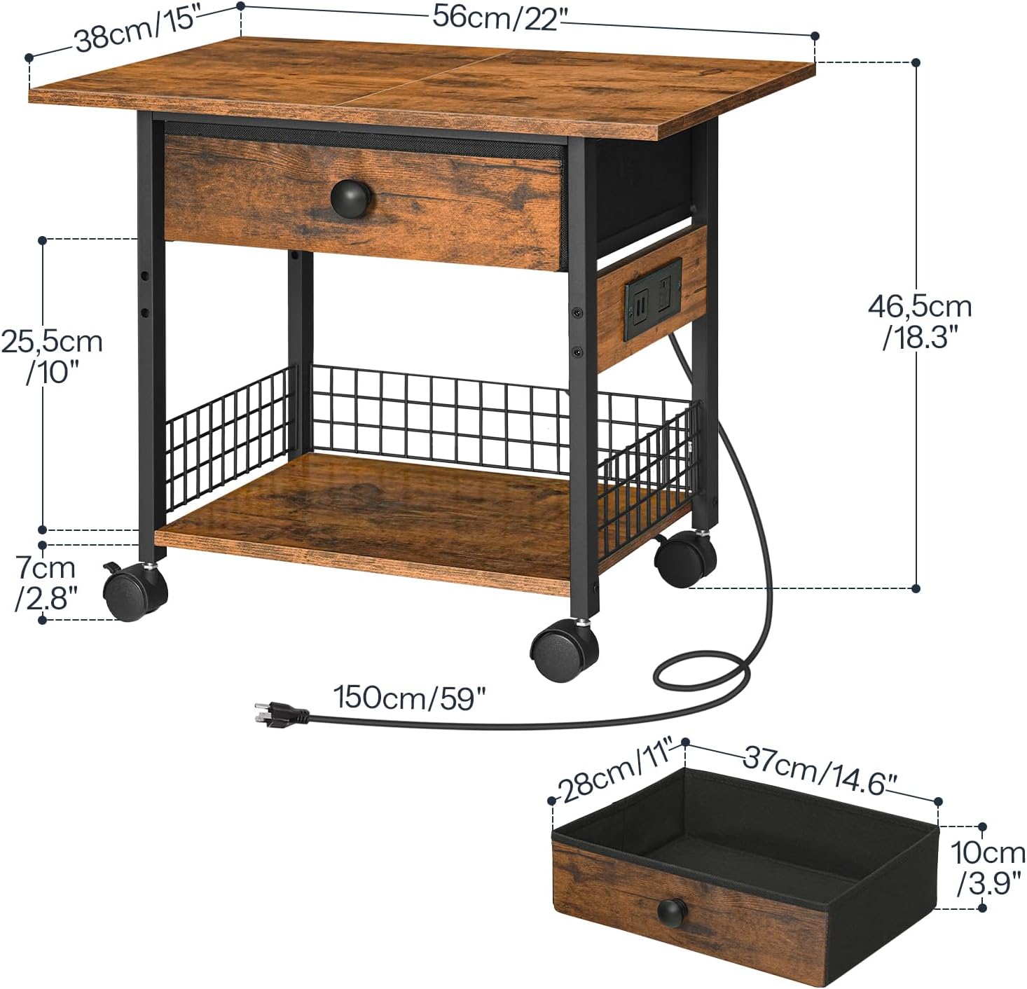 HOOBRO Printer Stand with Charging Station, 2-Tier Printer Cart, Under Desk Printer Table with Power Outlet, Wheeled Printer Table with Fabric Drawer, for Home Office, Rustic Brown and Black BF56UPS01