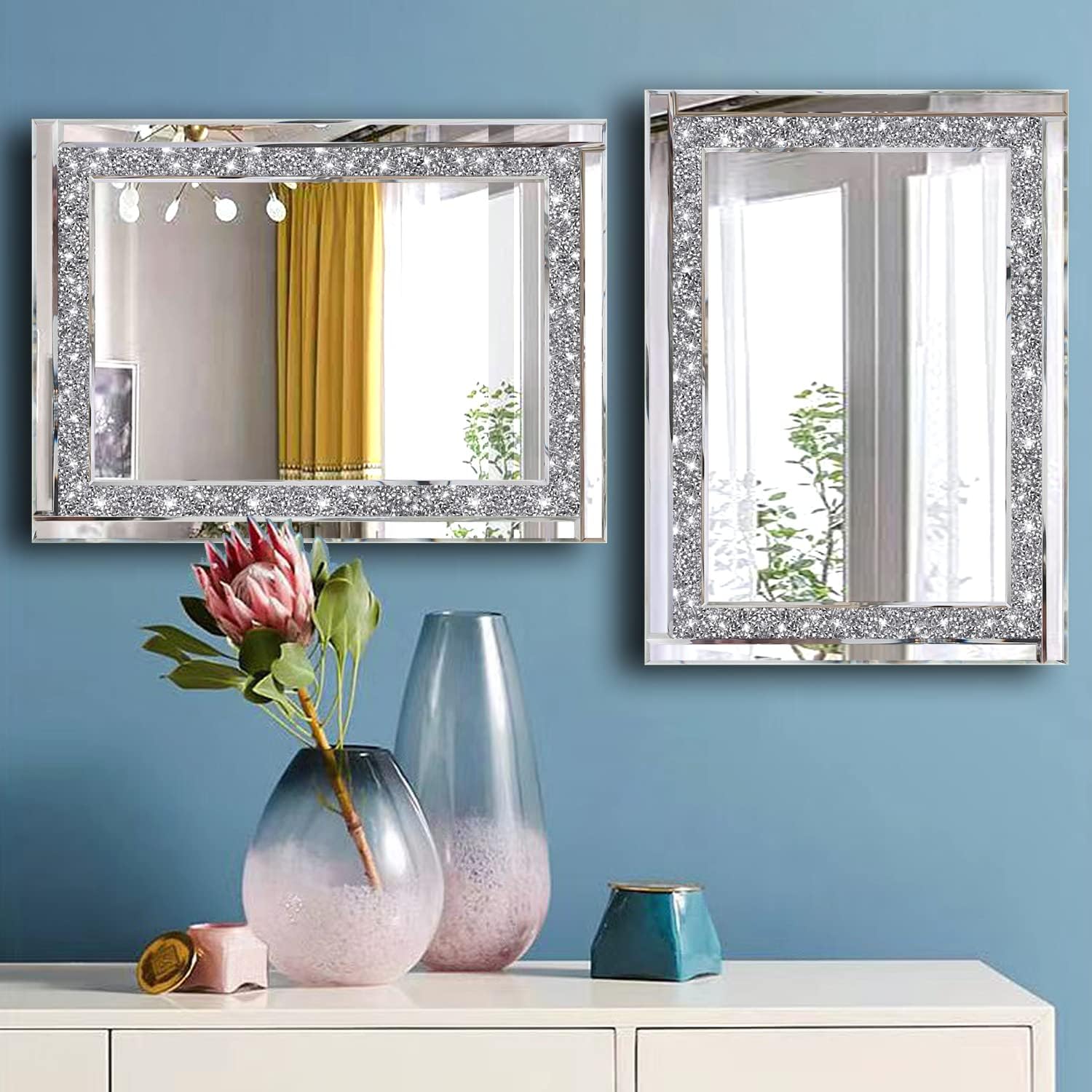 Meetart Crystal Crush Diamond Silver Mirror 11'' x 15''2 PCS, Frameless Stylish Gorgeous Diamond Decor Glam Glass Mirror. for Bedroom Bathroom Hanging Mirror Home for Wall Decor.