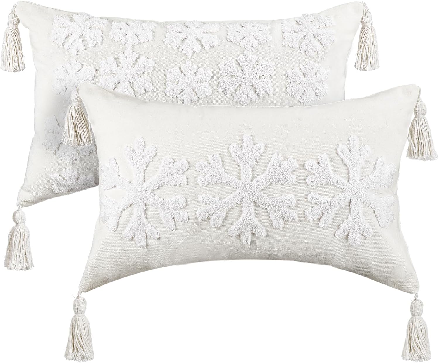 Cotton Chambray Embroidered Lumbar Pillow w/ Snowflakes & Foliage 