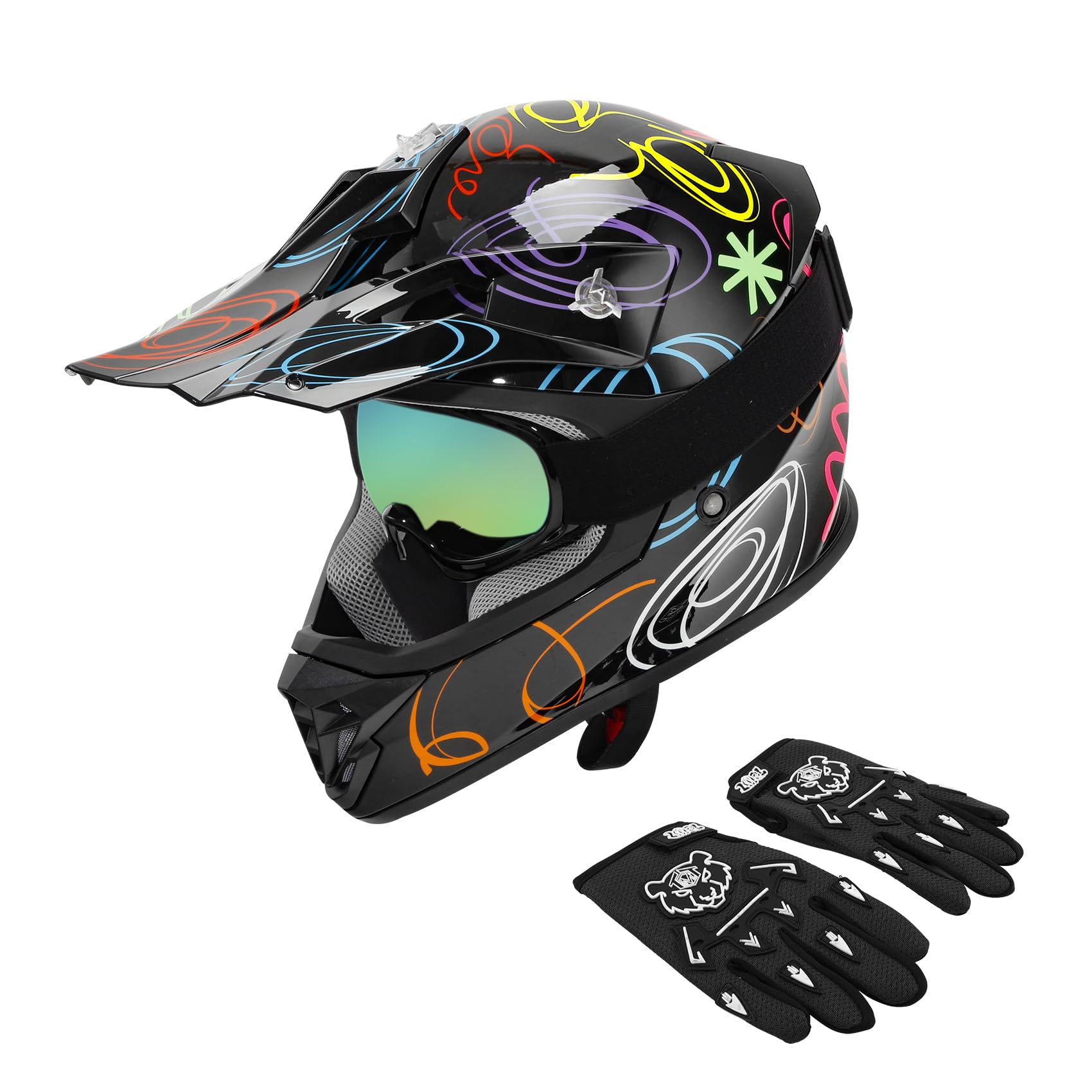 XFMT DOT Youth Kids Motocross Offroad Street Dirt Bike Helmet Goggles Gloves ATV Mx Helmet, Graffiti