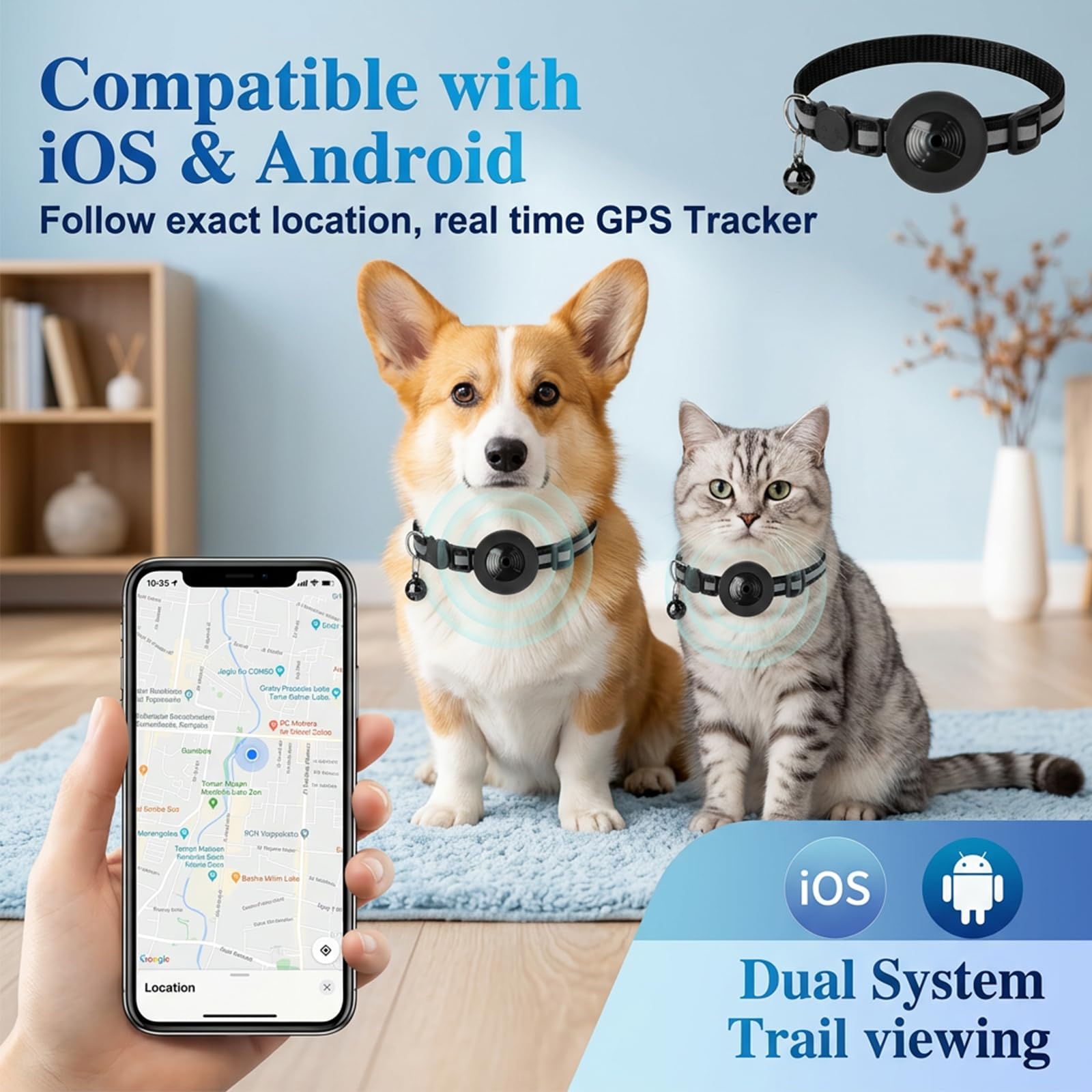 Qoosea Tracker für Katzen Hunde Kompatibel mit iOS ＆ Android Ohne ABO, Mini Haustier Tracker mit Halsband für Katze und Hund, Wasserdicht Trackers für Pet Schlüssel Koffer Rucksäcke