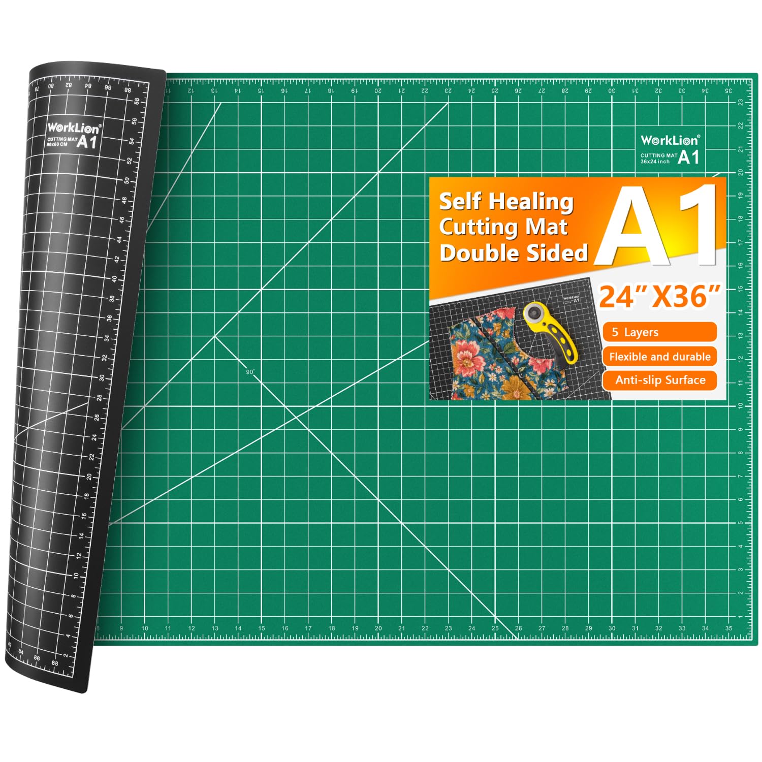WORKLION Tapis de découpe auto-cicatrisant : 61 x 91,4 cm Grand tapis double face 5 couches en PVC quadrillé pour couture, matelassage, scrapbooking et projets d'art et d'artisanat (vert/noir)