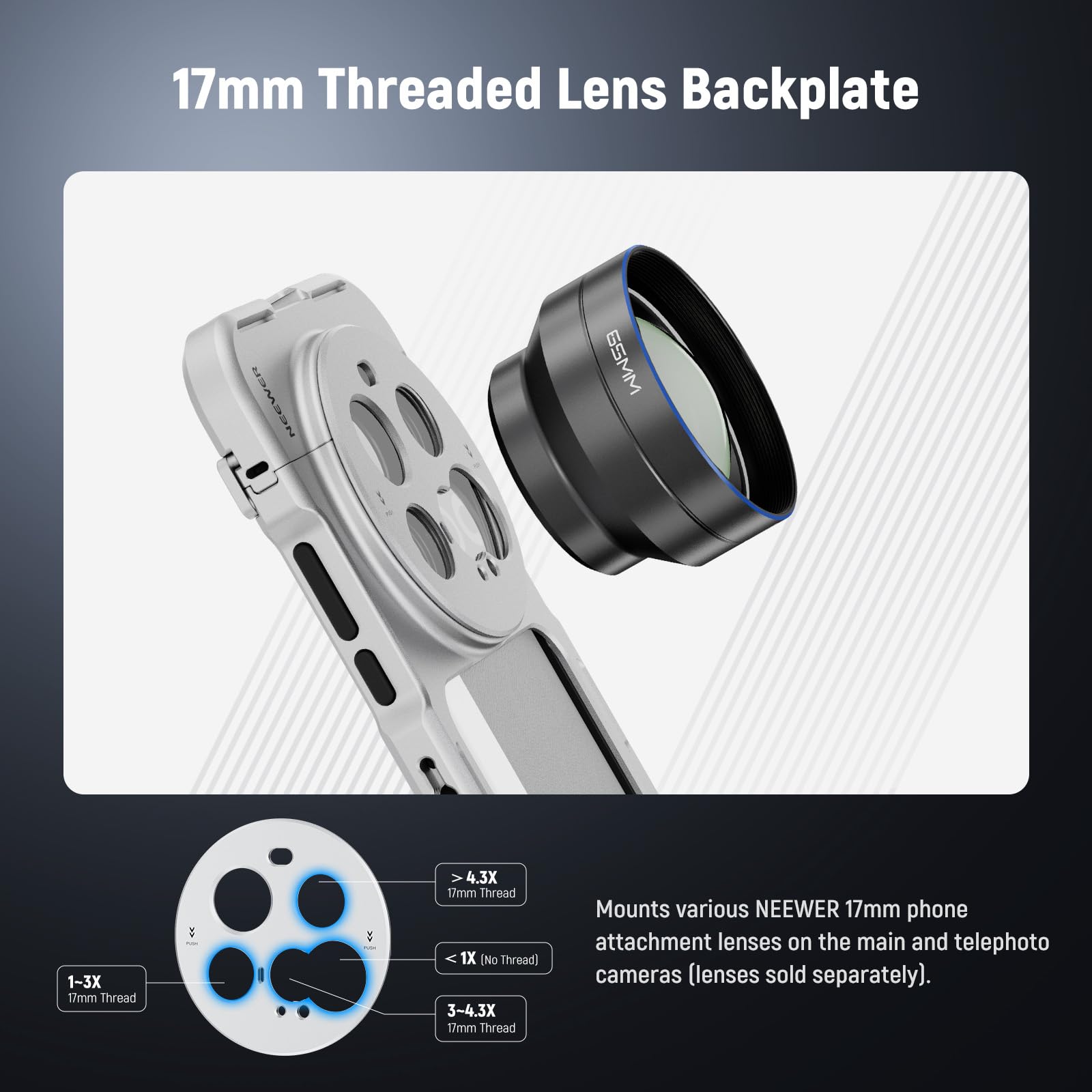 NEEWER 15 Ultra Cage, Video Rig Jaula Teléfono Estabilizador Liberación Rápida Compatible con Xiaomi 15 Ultra con Adaptador Filtro 67mm y Placa Posterior Lente 17mm para Grabar Filmar, PA091 Plata