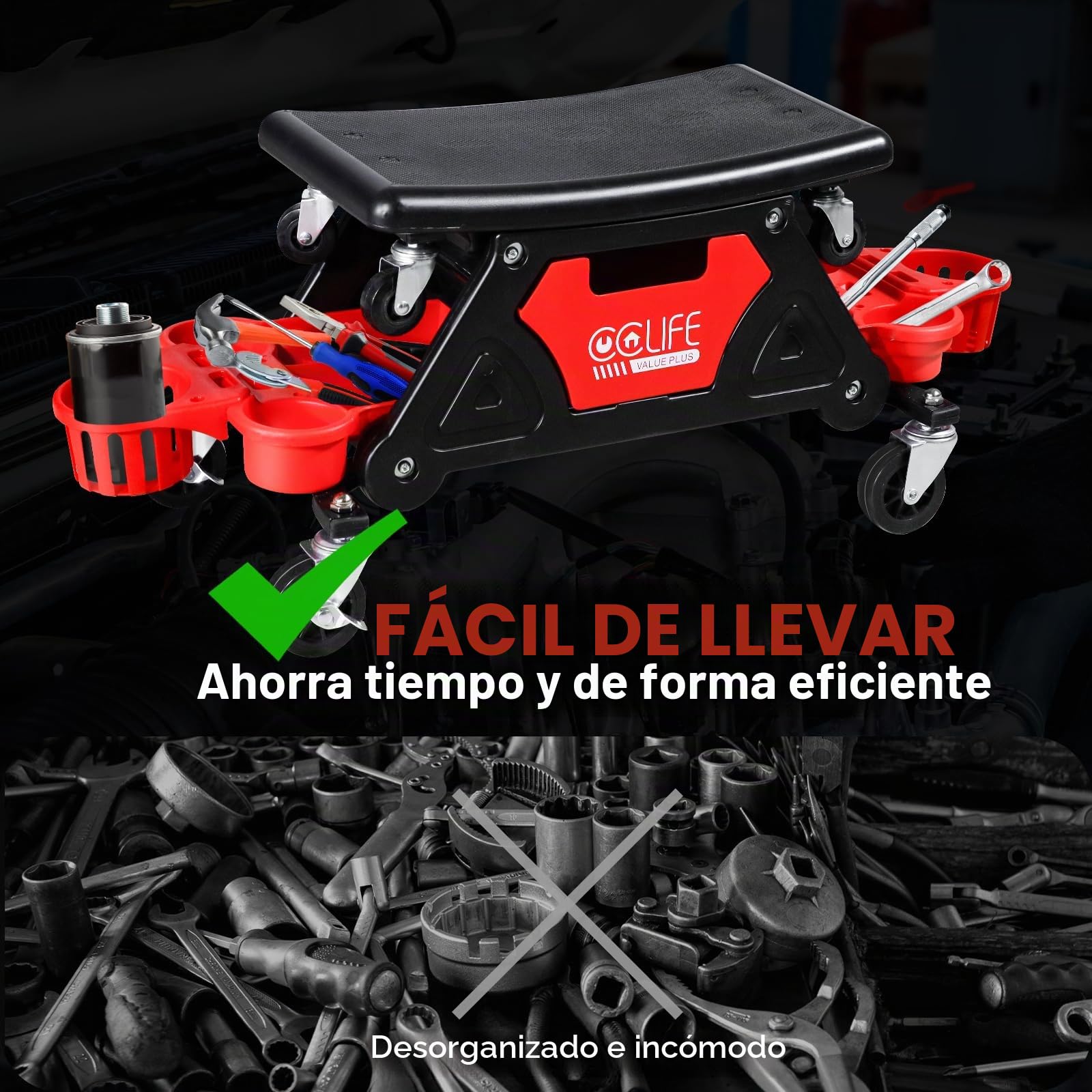 CCLIFE Taburete Mecánico con Ruedas, Asiento de Taller con Bandejas para Herramientas, Carga Máxima 180kg, Ideal para Reparación de Automóviles