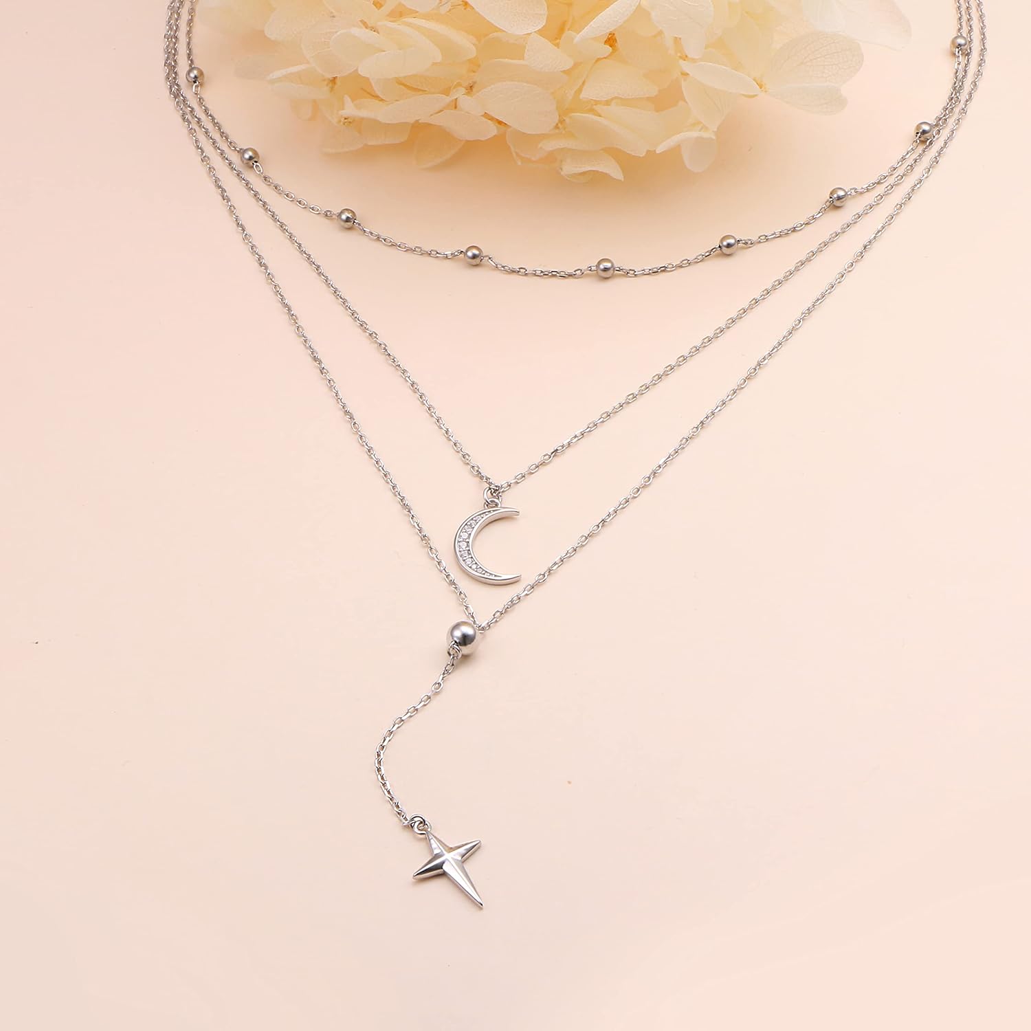 Sterling Silver Layered Necklaces for Women 3 Layer Dainty Moon and Star Pendant Multilayer Long Necklace four-pointed Star Choker Chain Adjustable Moon Jewelry - Image 4