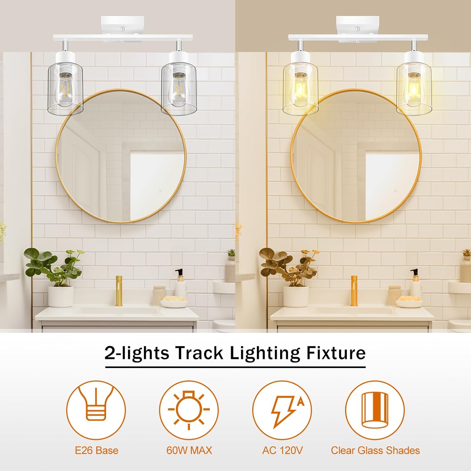 BoostArea White LED 2 Light Track Lighting Kit, 2 Way Ceiling Spot Lighting with Glass Lampshade, Flexibly Rotatable Light Head for Kitchen, Living Room, Bedroom, Bulb Not Included