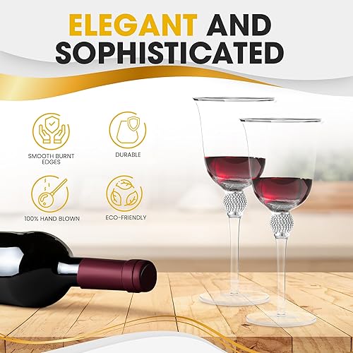Miniatura 2 de Juego de 6 copas de vino de alta calidad, copa de vino de tallo largo con borde plateado y diseño de diamantes de imitación, 18 onzas