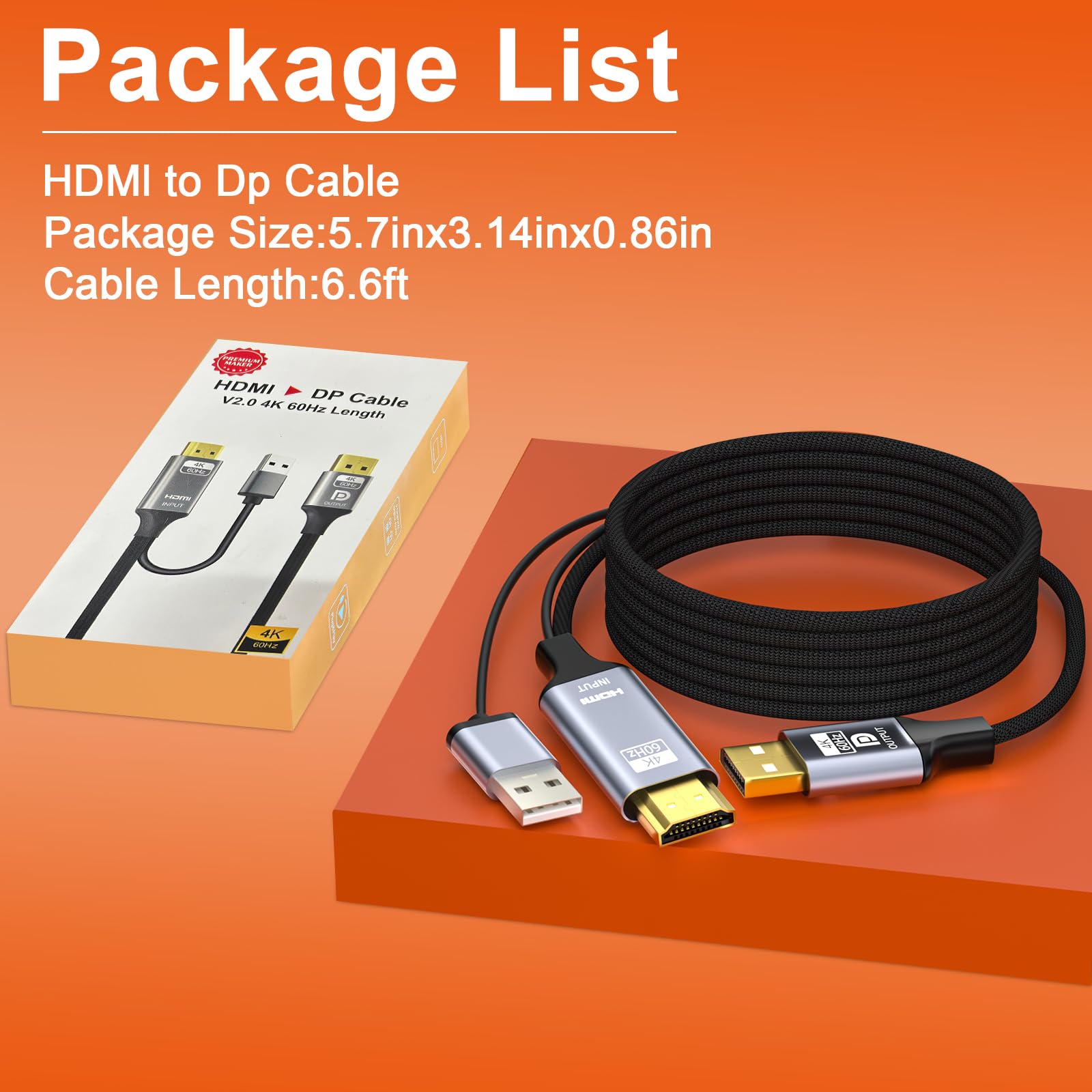Adaptateur HDMI vers DisplayPort, 1,8 m actif 4K @ 60 Hz, câble tressé HDMI vers DP unidirectionnel HDMI vers DP avec alimentation USB pour PS5, Xbox Series X/S, Switch, PC, ordinateur