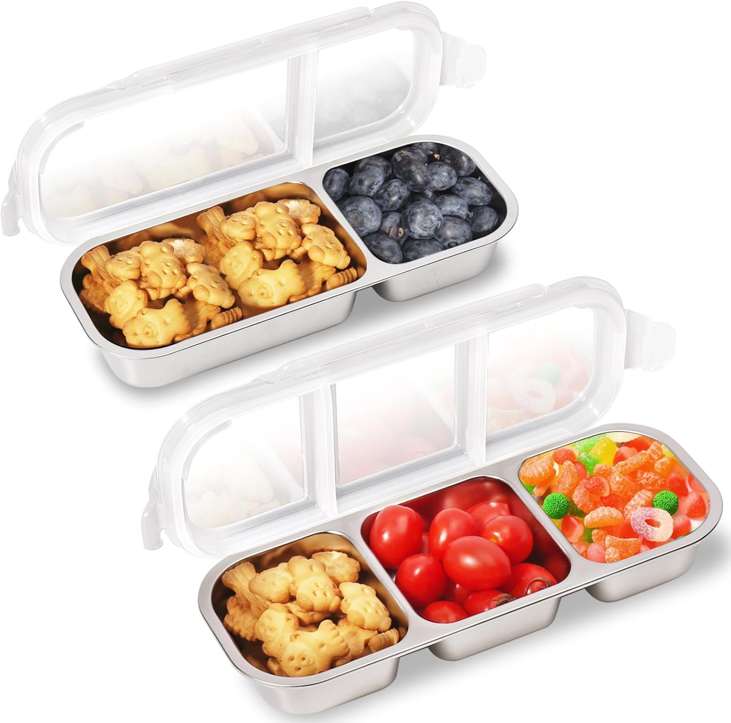 Stainless Steel Snack Containers with Lids, 2 Pack Grab and Go Metal Snack Containers, 3 Compartment Reusable Stainless Steel Snack Box for Food Lunch Meal Prep (3+2 Compartment 2 PCS) Stainless Steel Snack Containers with Lids, 2 Pack Grab and Go Metal Snack Containers, 3 Compartment Reusable Stainless Steel Snack Box for Food Lunch Meal Prep (3+2 Compartment 2 PCS)