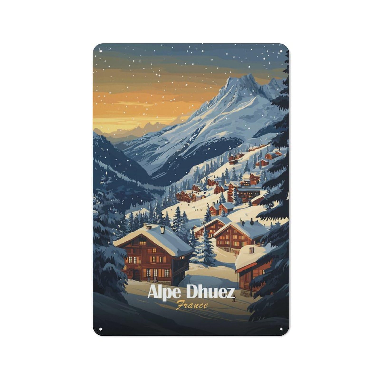 Junmoney Style-15 Alpe Dhuez Ski Village Retro Metal Wall Decor 30X20cm, Retro Metal Sign For Garage, Hobby Room, Office Or Man Cave