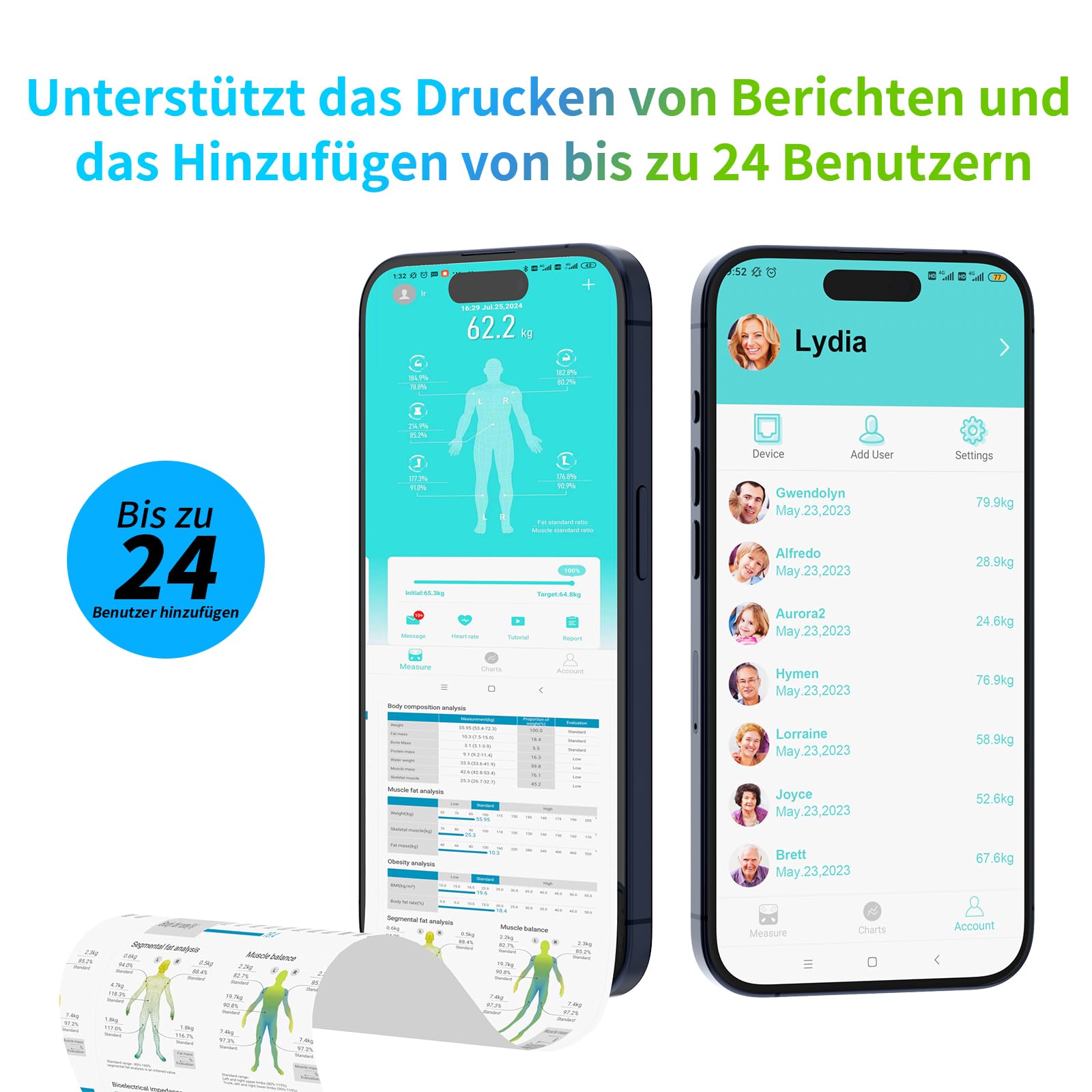 Healthkeep Waga osobowa połączona z miernikiem impedancji z 8 elektrodami 21 Wyświetlacz danych ciała VA Pomiar podwójnej częstotliwości BIA z aplikacją dla Andriod i iOS, Max. 180kg/400lb/28st