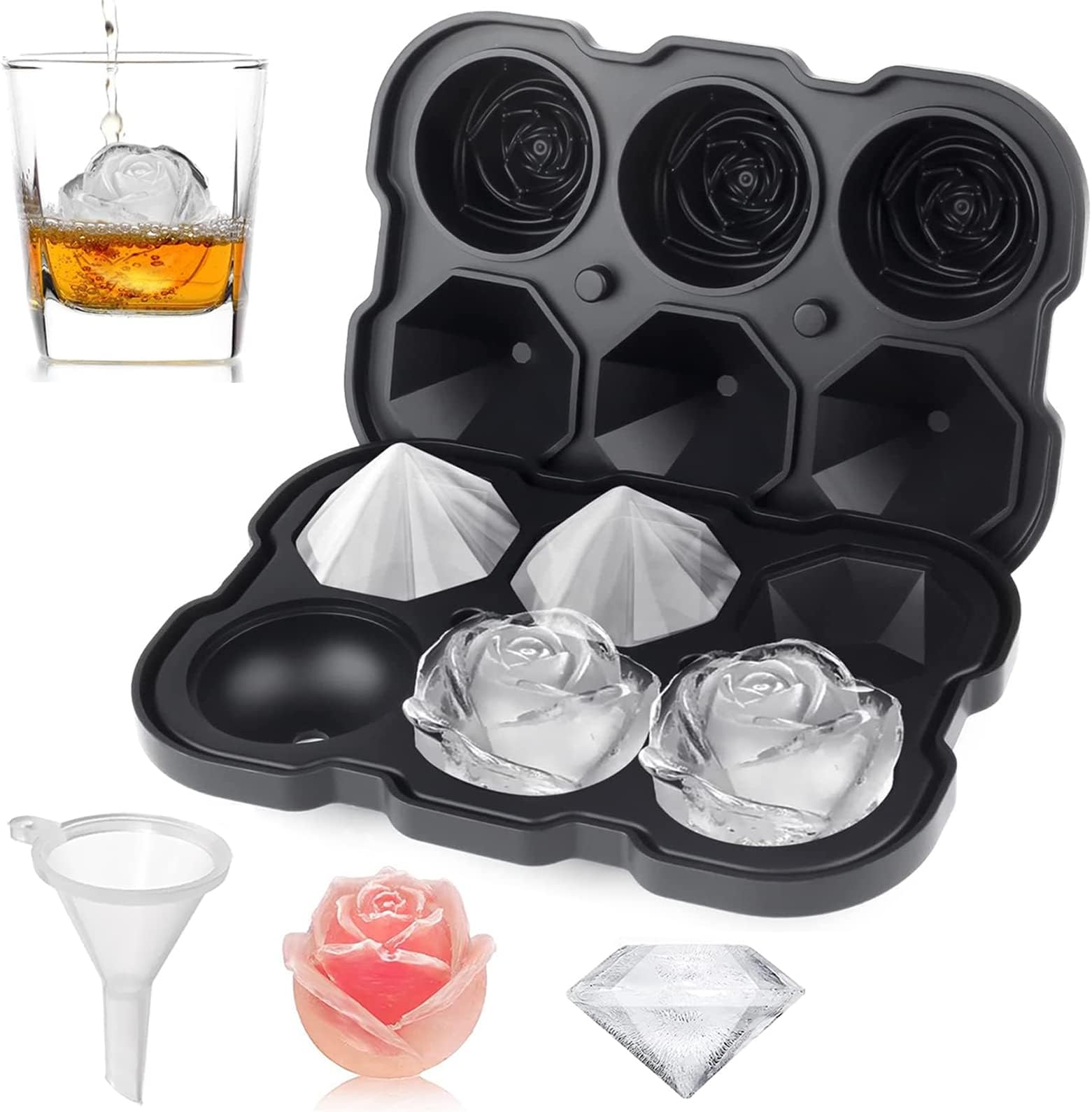 Ice Cube Tray, 2 inch Rose Ice Cube Trays With Covers, 3 Cavity Silicone Rose Ice Tray & 3 Diamond Ice Ball Maker, Easy Release Large Ice Cube Form for Chilled Cocktails, Whiskey Juice,Black
