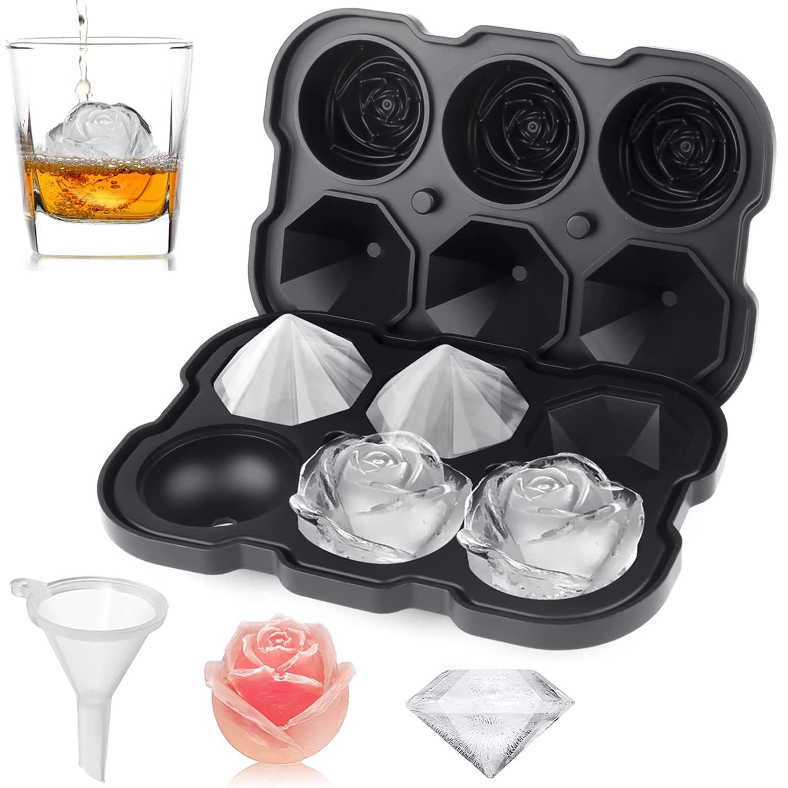 Ice Cube Tray, 2 inch Rose Ice Cube Trays With Covers, 3 Cavity Silicone Rose Ice Tray & 3 Diamond Ice Ball Maker, Easy Release Large Ice Cube Form for Chilled Cocktails, Whiskey Juice,Black