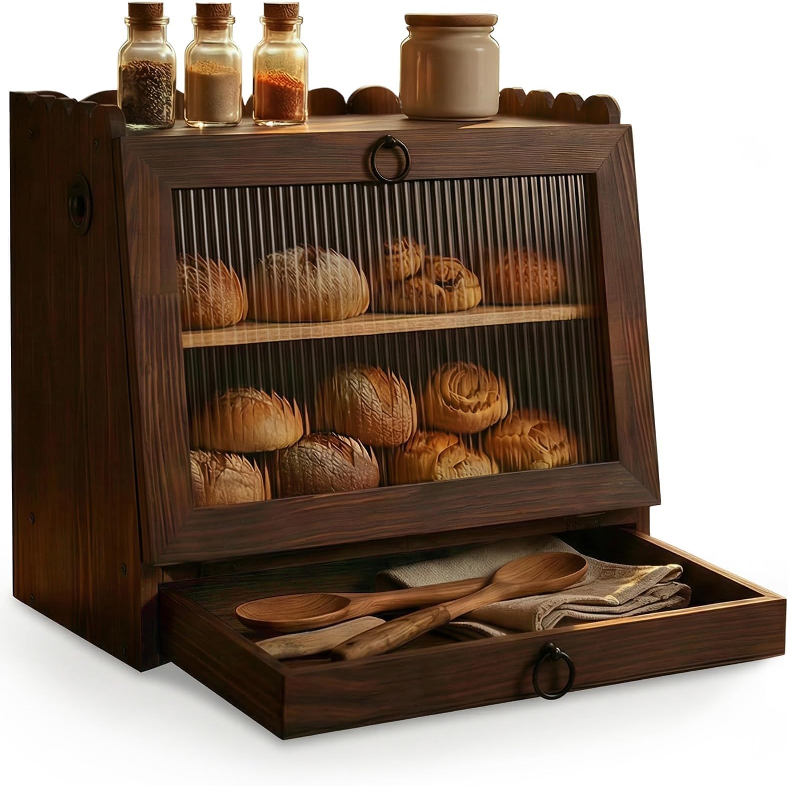 Bread Box for Kitchen Countertop Wooden Double Layer Bread Storage Container Bin Breadbox Holder Large Capacity Keeper Vintage Farmhouse Food Organizer (Brown, Large)