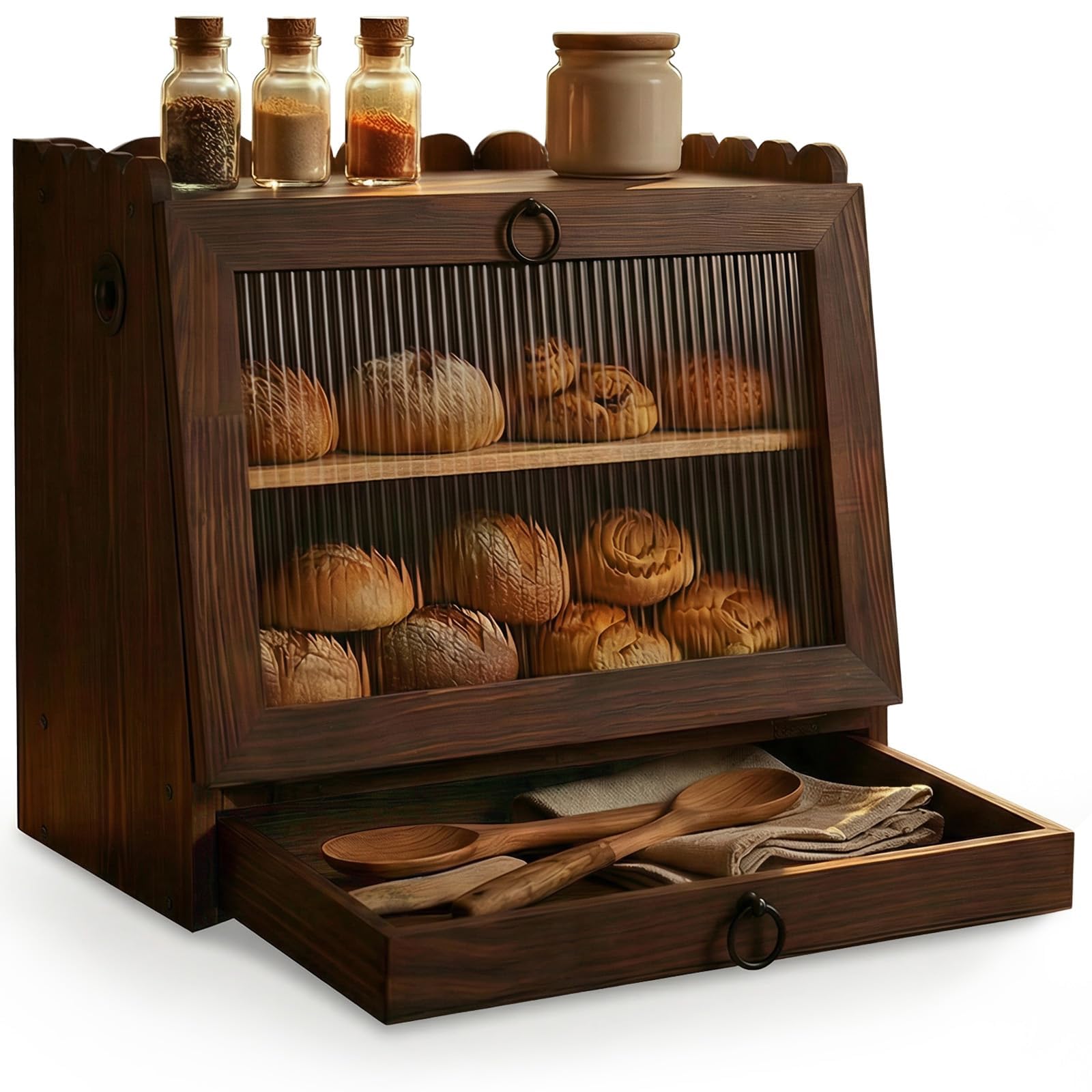 Bread Box for Kitchen Countertop Wooden Double Layer Bread Storage Container Bin Breadbox Holder Large Capacity Keeper Vintage Farmhouse Food Organizer Pantry Shelf Acrylic Window Brown