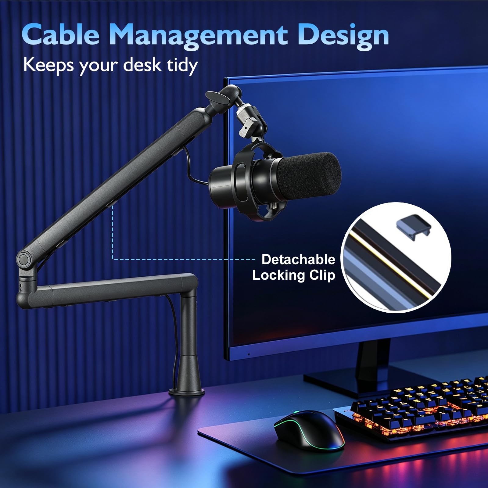 Microfono Dinamico con Braccio e Gestione Cavi, per PC/PS4/5/Mac | Microfono a Braccio con Ghiera Regolazione. Compatibile Snowball, SoloCast, Elgato Wave. per Gaming, Streaming, Registrazione