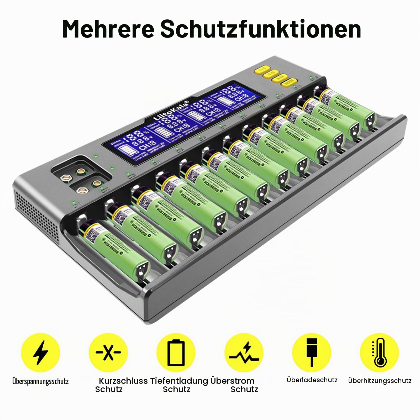 LiitoKala Lii-S12 18650 12-Slot LCD-Display Schnellladegerät, intelligentes Universalladegerät für Li-Ionen (IMR/ICR) LiFePO4 NI-MH/Cd 18650 21700 26650 18350 14500 RCR123 9V Batterien AA AAA C