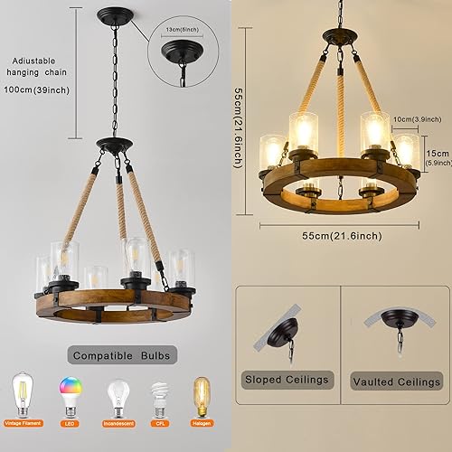Miniatura 6 de Wagon Wheel - Candelabro de 6 luces para comedor lámpara de madera redonda con pantalla de cristal lámpara de techo colgante rústica para sala de