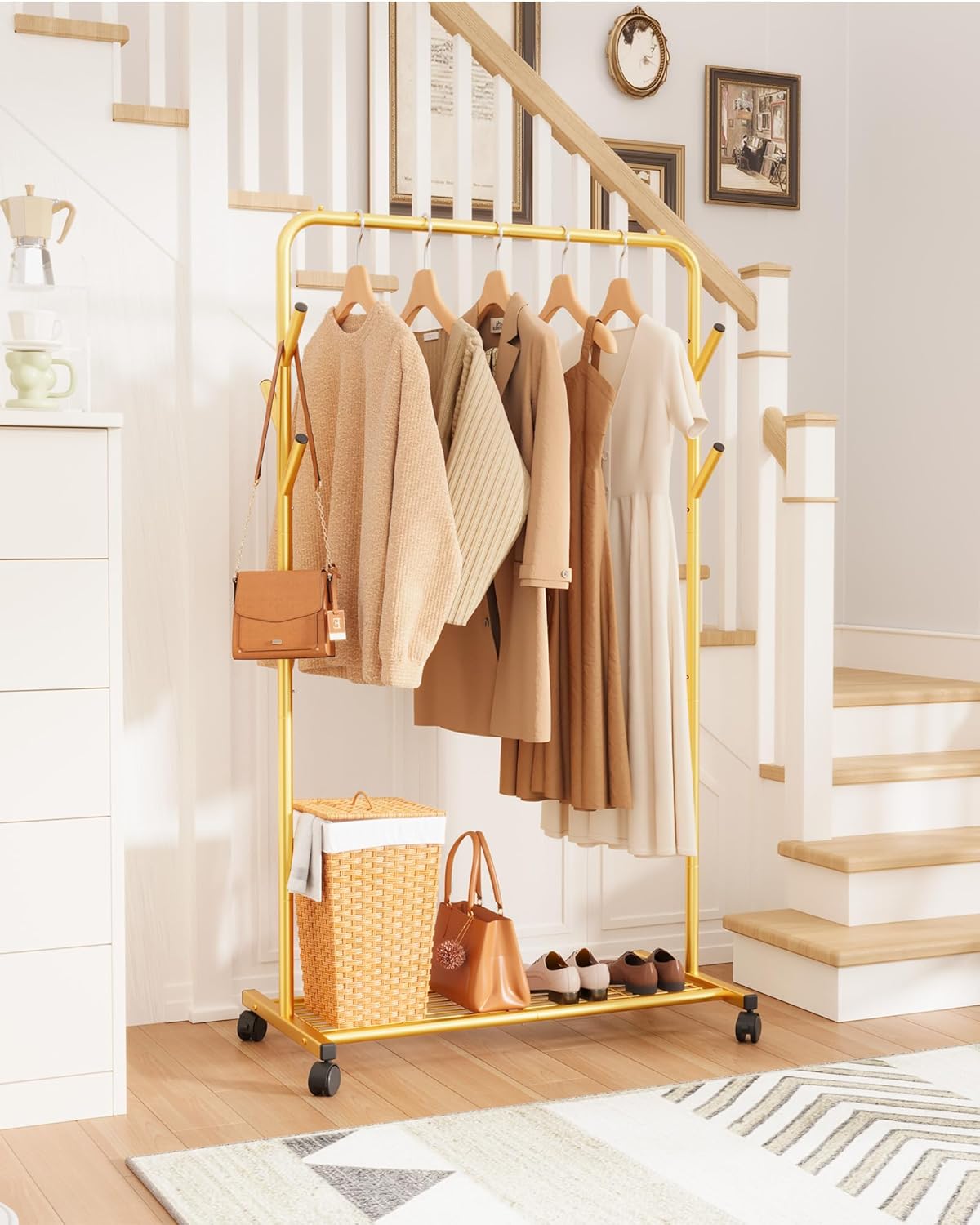 clothes rack - metal coat rack with bottom shelf, portable wardrobe rack with 6 side rods, rolling clothing rack for hanging clothes for bedroom or laundry room (gold, 28.7 x 17 x 59.4) gold 28.7" x 17" x 59.4"