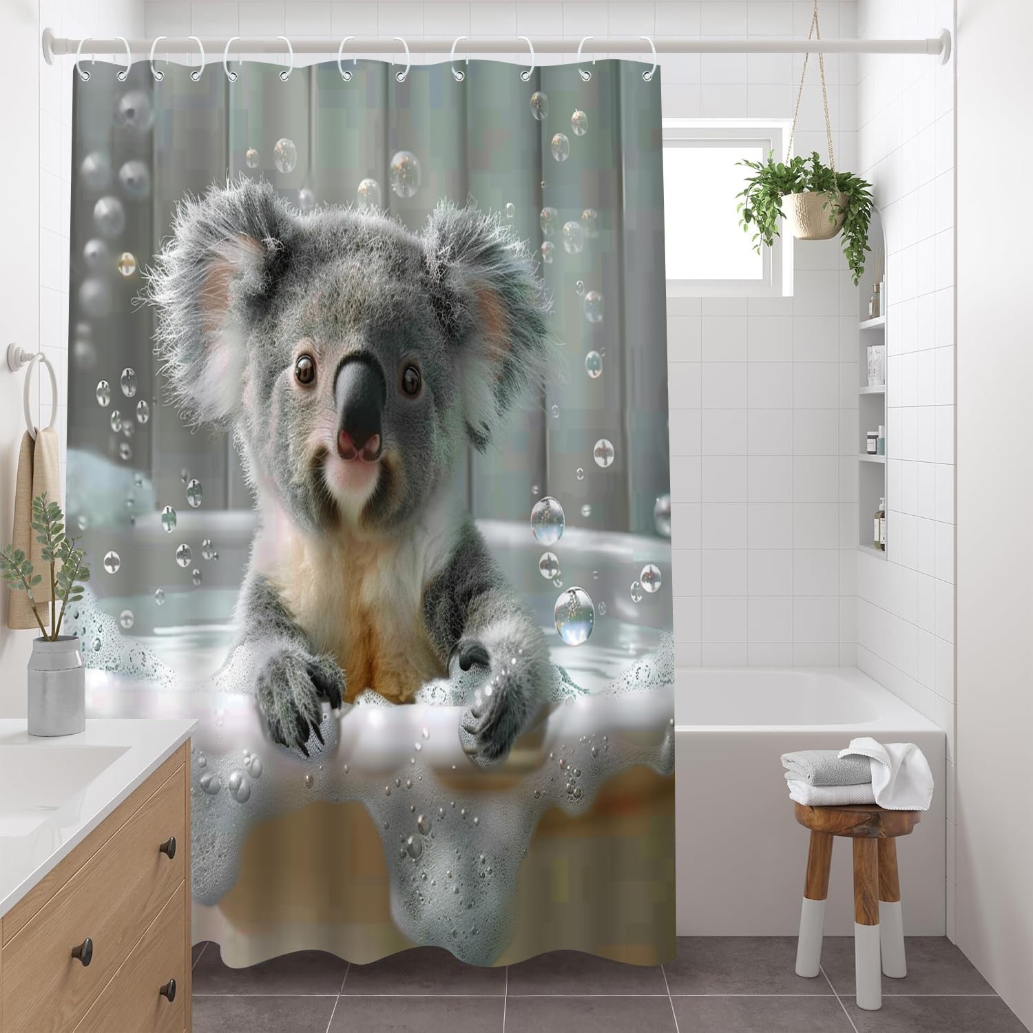 Funny Koala Shower Curtain Koala in The Bathtub Bath Bubbles Wildlife Animals Polyester Fabric Bathroom Decor Set with Hooks 70Wx90H Inch