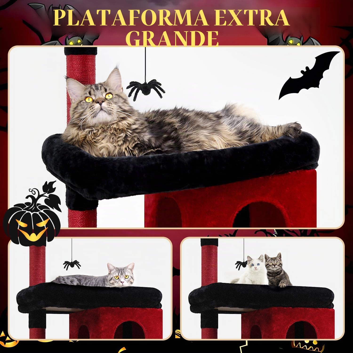 Globlazer Árbol Rascador para Gatos Gótico Negro Rojo, Árboles para Gato Alto 183 cm con Cama Ataúd Nidos Plataformas Cesta, Clásico Torre para Gatos Grandes Adultos Descansar Jugar (S72, Gótico)