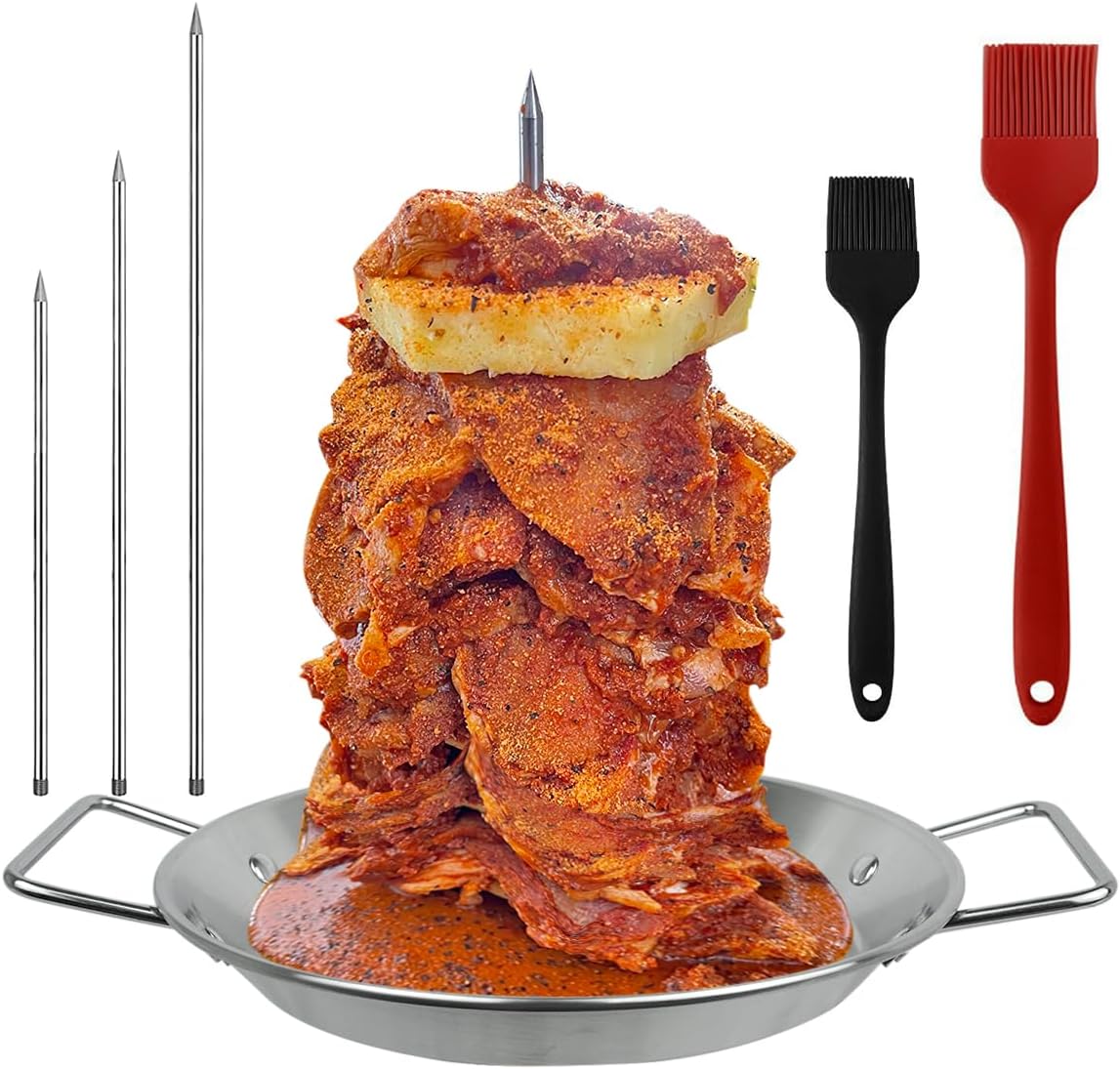 Al Pastor Skewer for Grill, Vertical Skewer Stainless Steel Brazilian Vertical Spit Stand with 3 Removable Spikes(8โ/10"/12โ) & Brushes for Tacos Al Pastor, Shawarma Kebabs, Smoker, Grill
