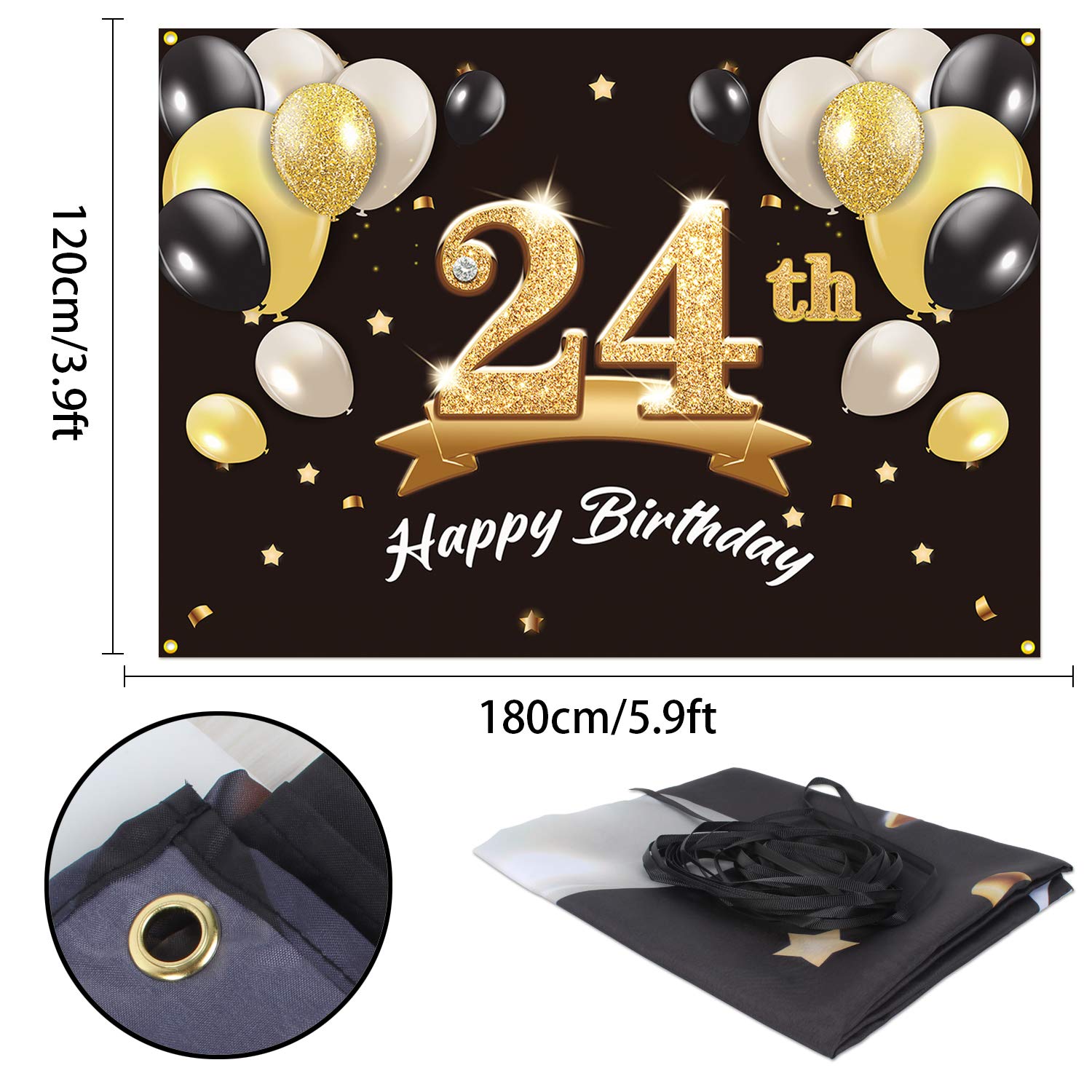 Happy Birthday Banner Backdrop - 24th Birthday Decor For Men, 3.77x5.9 Ft, Black & Gold, With Hanging String 3 thumbnail image