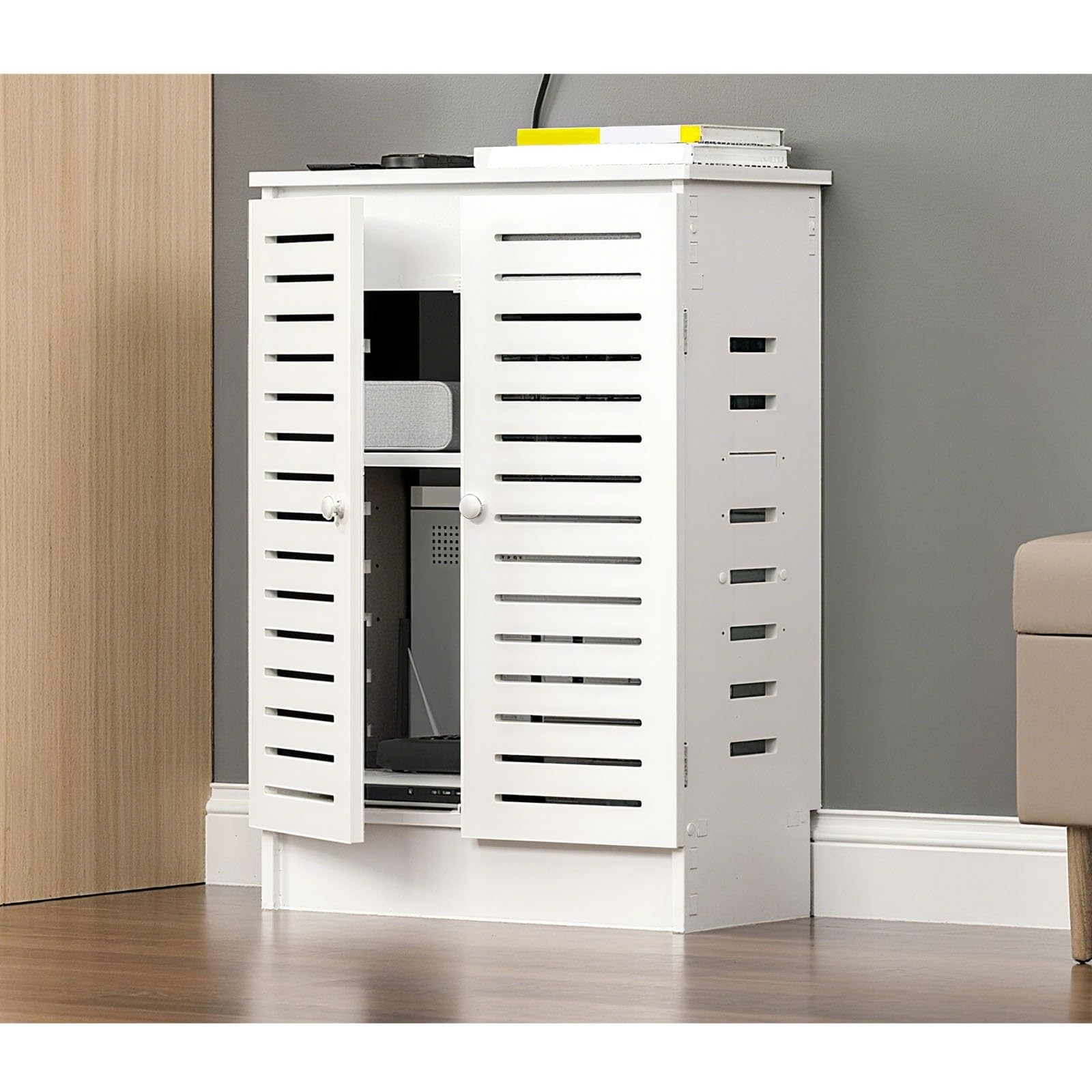 Moderno armario de almacenamiento con enrutador WiFi, organizador multifuncional ajustable y gestión de cables para oficina en casa, elegante diseño blanco (80 x 80 x 30 cm)