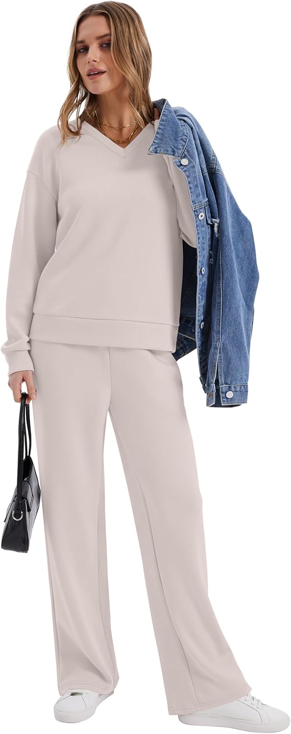 WIHOLL Lounge Sets for Women 2026 V Neck 2 Piece Outfits Airport Wide Leg Pants Matching Set Sweatsuits - Image 3