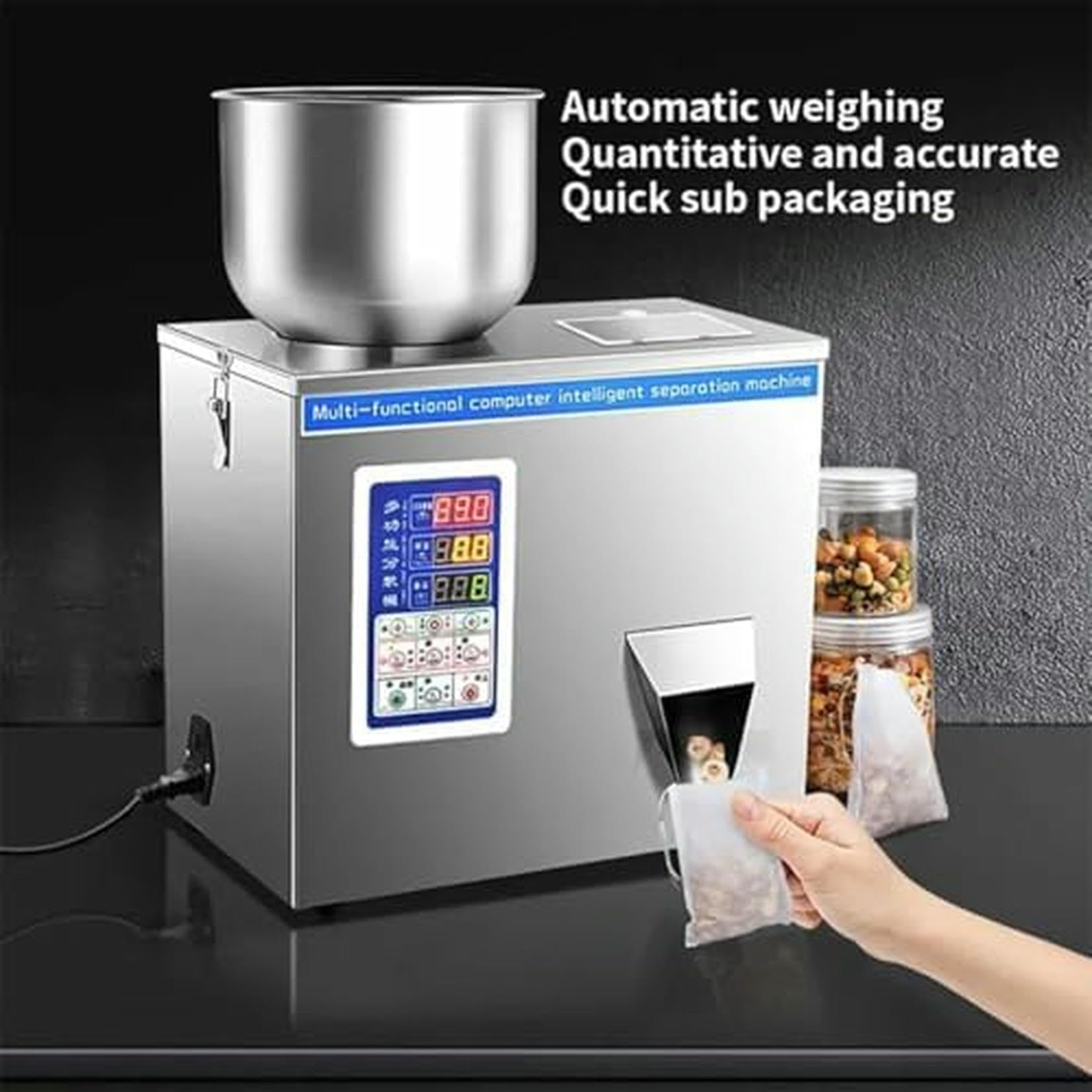 Riempitrice Automatica di Polvere in Acciaio Inossidabile per misurazione e confezionamento precisi, per spezie, tè, Semi e Cereali (100g)