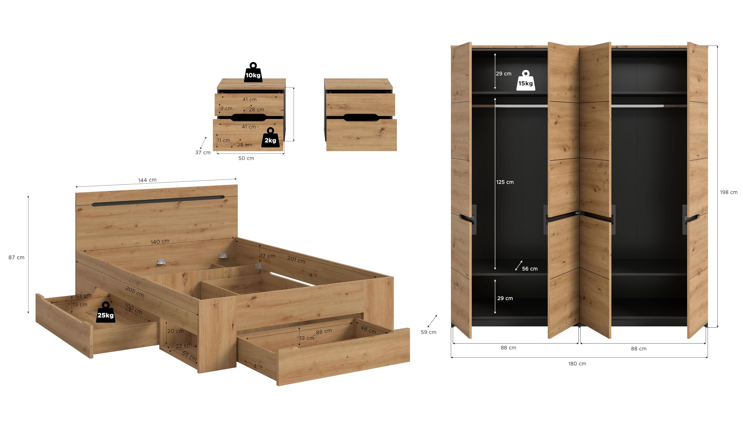 xonox.home – 4 TLG. Schlafzimmer-Set Canu in Artisan Eiche Nachbildung und Athrazit – Modernes Schlafzimmer mit viel Stauraum – stilvoll, langlebig & pflegeleicht
