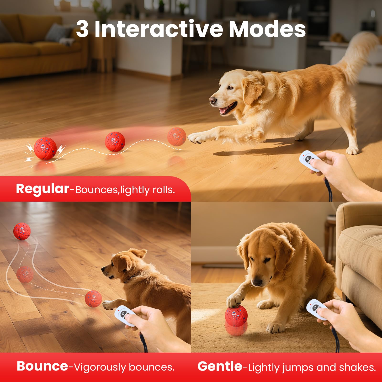 Balle interactive pour chien – rebondissement et roulement automatiques, matériau E-TPU résistant à la mastication, 3 modes interactifs, étanche IPX7, balle de jouet Smart Chase pour chiens de