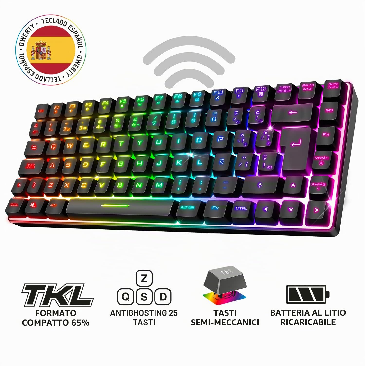 Spirit Of Gamer | Tastiera Gaming Bluetooth Wireless | Layout spagnolo QWERTY | Keyboard TKL Compact 65% | Tasti semi-meccanici inclusi 25 anti-ghosting | Compatibile con PC, telefono e tablet