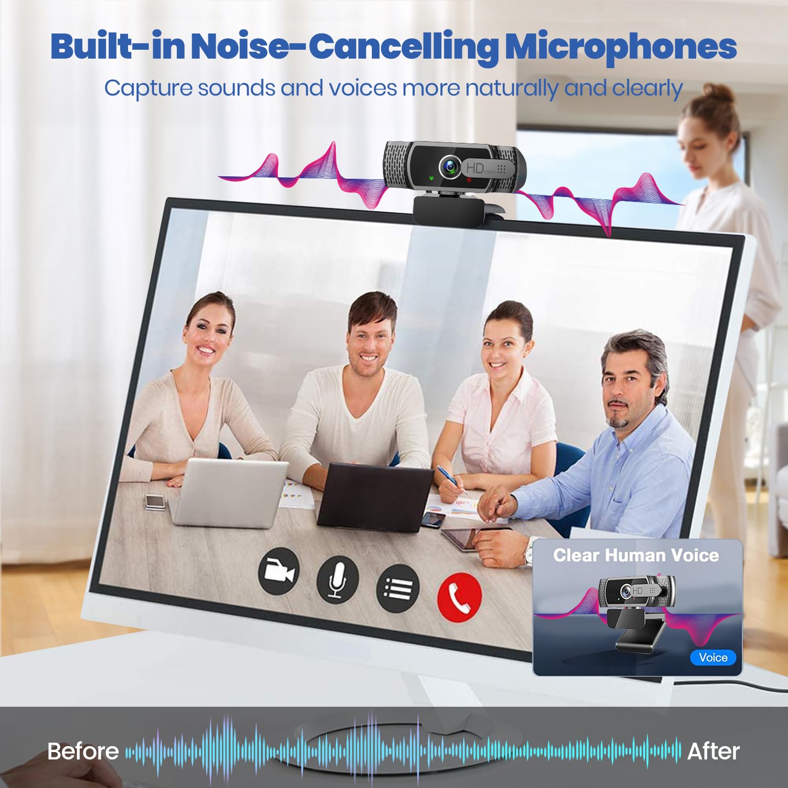 Webcam con microfono per desktop, 1080p HD, webcam USB per streaming live da computer laptop e PC, web camera per videochiamate, conferenze, registrazione di gioco, riduzione del rumore 3D