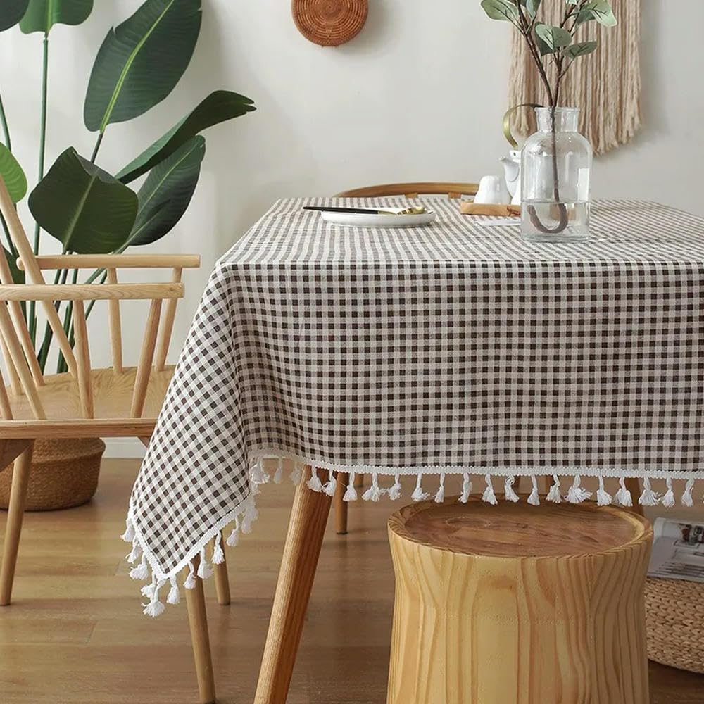 Mantel a Cuadros de 60~300cm con Encaje Cubierta de Mesa de Lino de algodón para Cubierta de Escritorio Mantel de Mesa de té con Colgante Suave paño de Comida