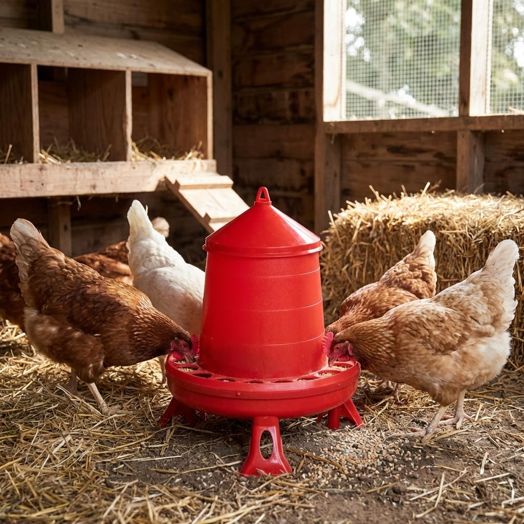 Suinga Tramoggia mangiatoia plastica galline con gambe 8 kg, 37x37x45 cm, rosso