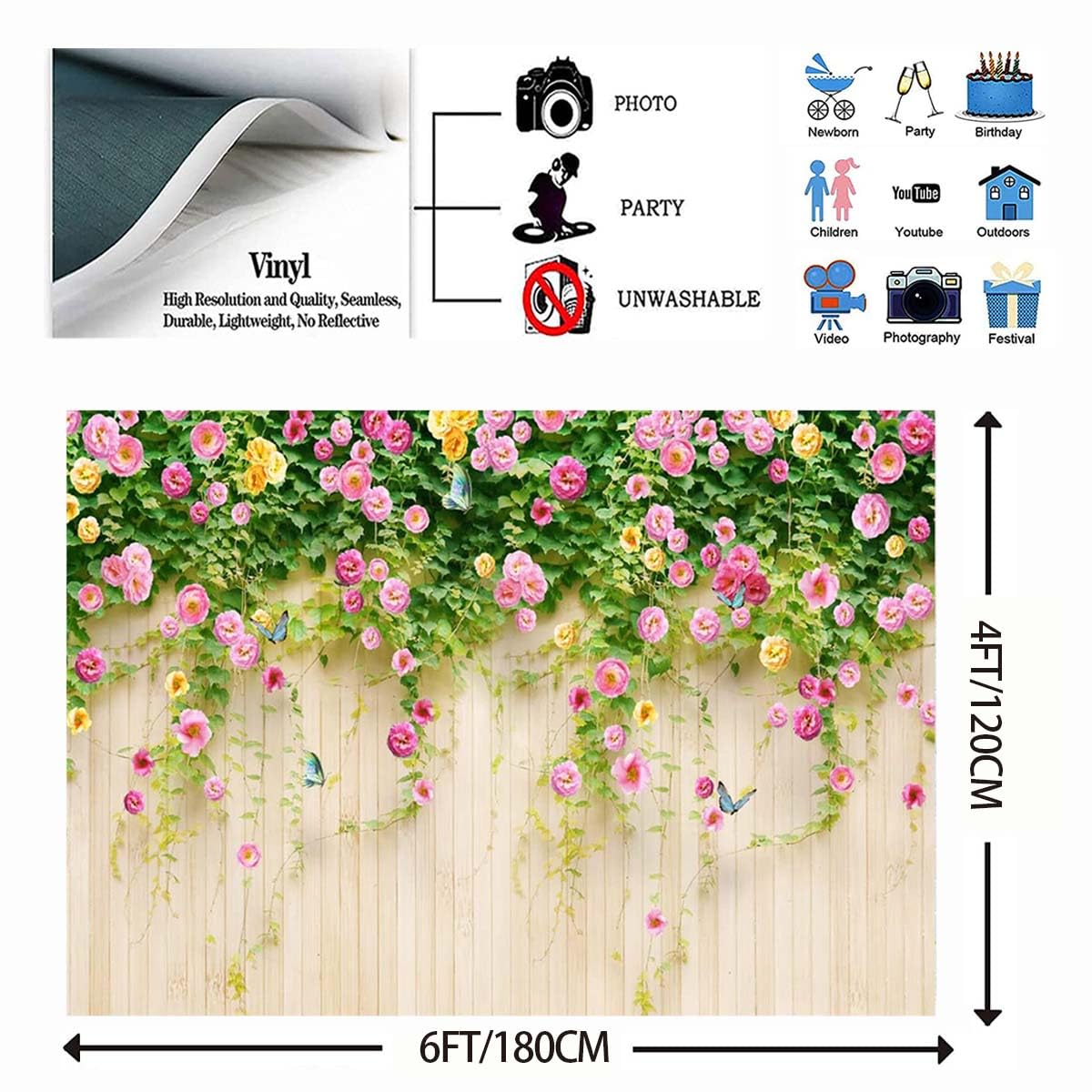 Spring Flower Backdrop 5x3ft - White Brick Wall Floral Background For Photography