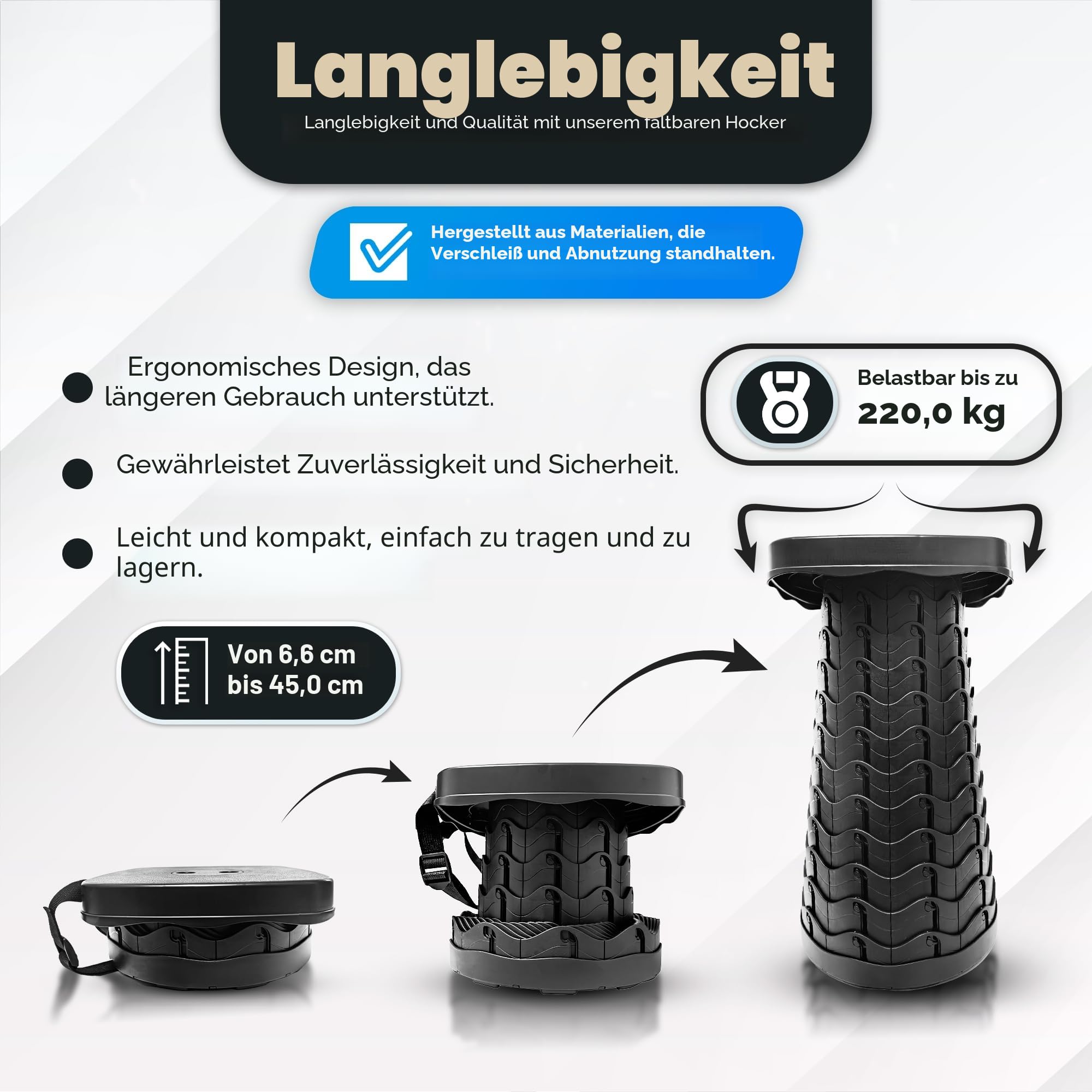Tragbarer Teleskophocker mit Kissen & Tragetasche – klapphocker faltbar, höhenverstellbar 6–45 cm, stabil bis 200 kg, quadratischer teleskophocker für Camping, Garten, Angeln & Reisen