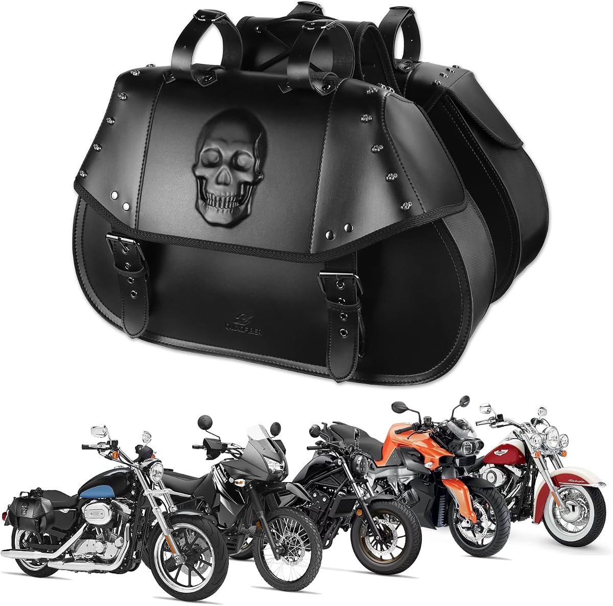 Motorcycle Saddlebags 34L Large Capacity PU Leather Side Saddle Bags Waterproof Universal for Harley Honda Yamaha Kawasaki (3D Skull,Black)