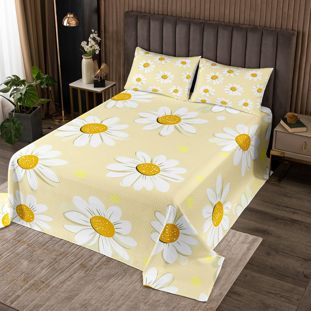 Erosebridal Rustic Daisy Bedspread Queen Flowers Plants Yellow Quilt Set Cartoon Flowers Botanical Coverlet Set for Kids Adults,Yellow Daisy Floral Bedding Quilted
