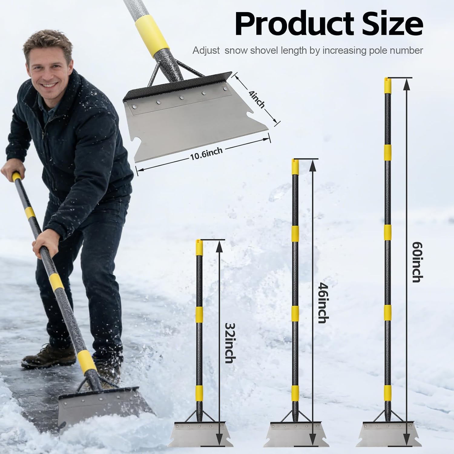 Garden Shovel, 60" Heavy Duty Floor Scraper with Adjustable Long Handle, Multifunctional Cleaning Flat Shovel, Landscaping Tools for Lawn Edging, Ice Scraper, Snow Shovel