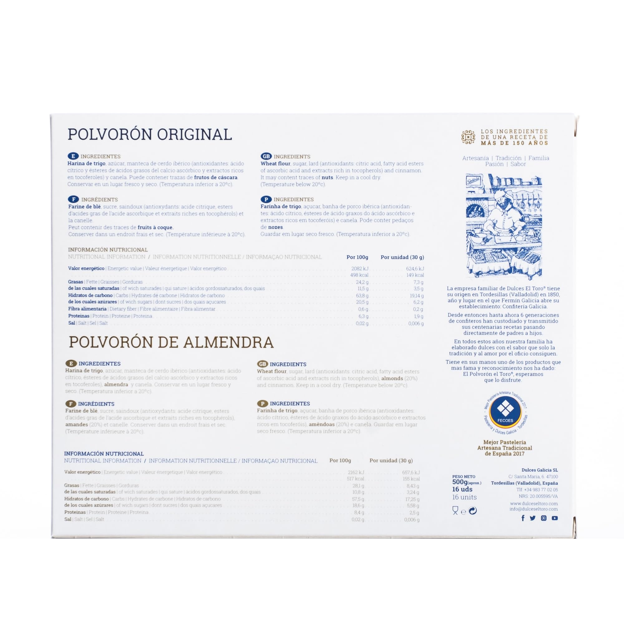 El Toro - Surtido de Polvorones el Toro Almendra y Original - estuche 500 gramos - Valladolid (Tordesillas) - elaborados con almendras y harina- dulces Navidad - receta tradicional