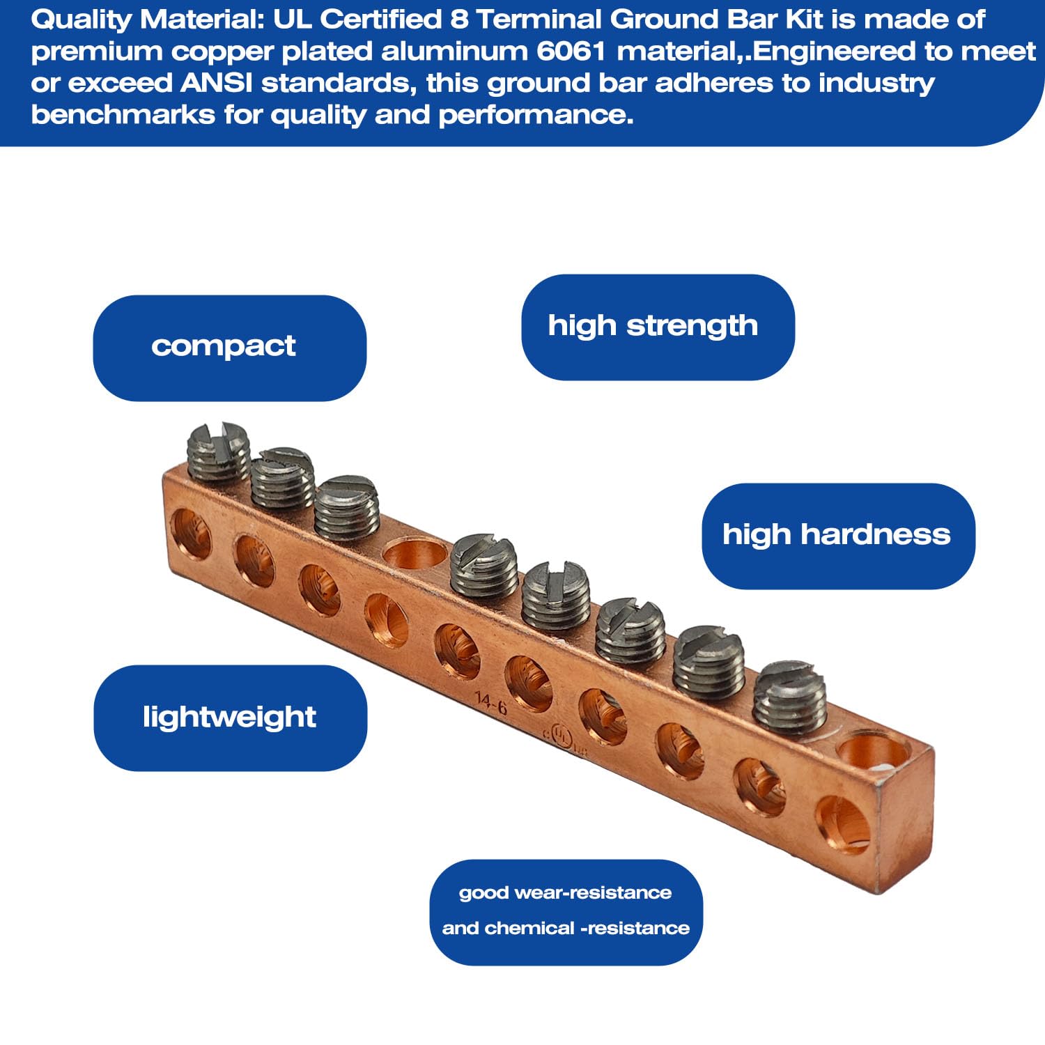UL Certified Ground Bar Kit, Max Wire Dia 4 AWG，Copper Clad Aluminum Mechanical Lugs with Self Tapping Dovetail Screws (8 Terminal Position, 10pc)