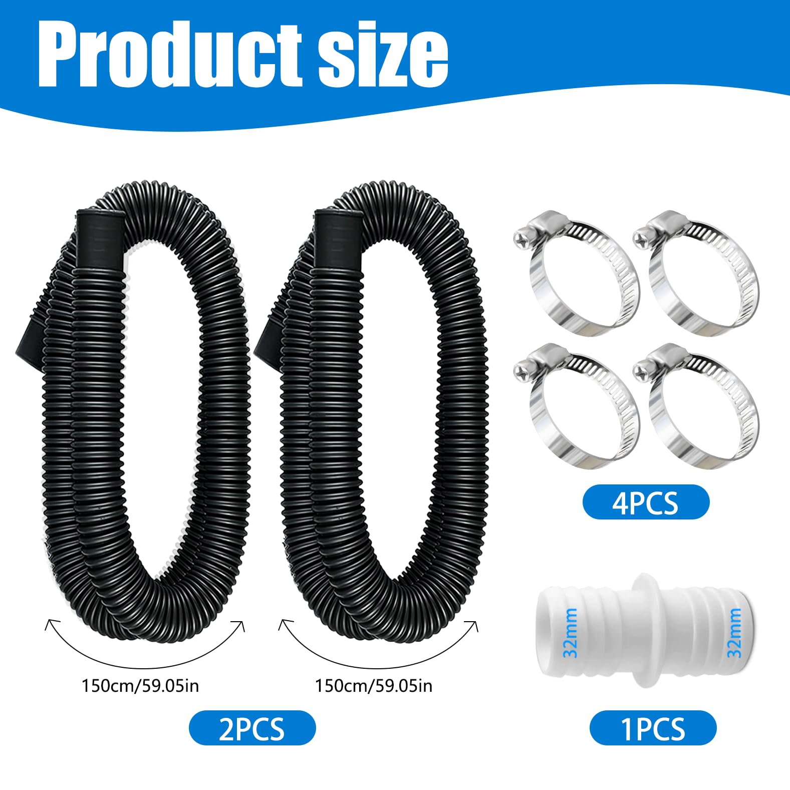 2pcs tuyaux de piscine de 32 mm pour pompes de piscine avec 4 clips de sécurité et 1 raccord de tuyau, idéal pour les pompes de filtre, les nettoyeurs de piscine, les chauffages de piscine noir