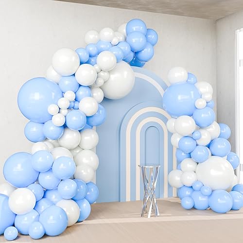 Blue and White Balloons, Light Blue White Balloon Garland Arch Kit, 84 Pack Pastel Blue White Balloons for Baby Shower Birthday Wedding Party
