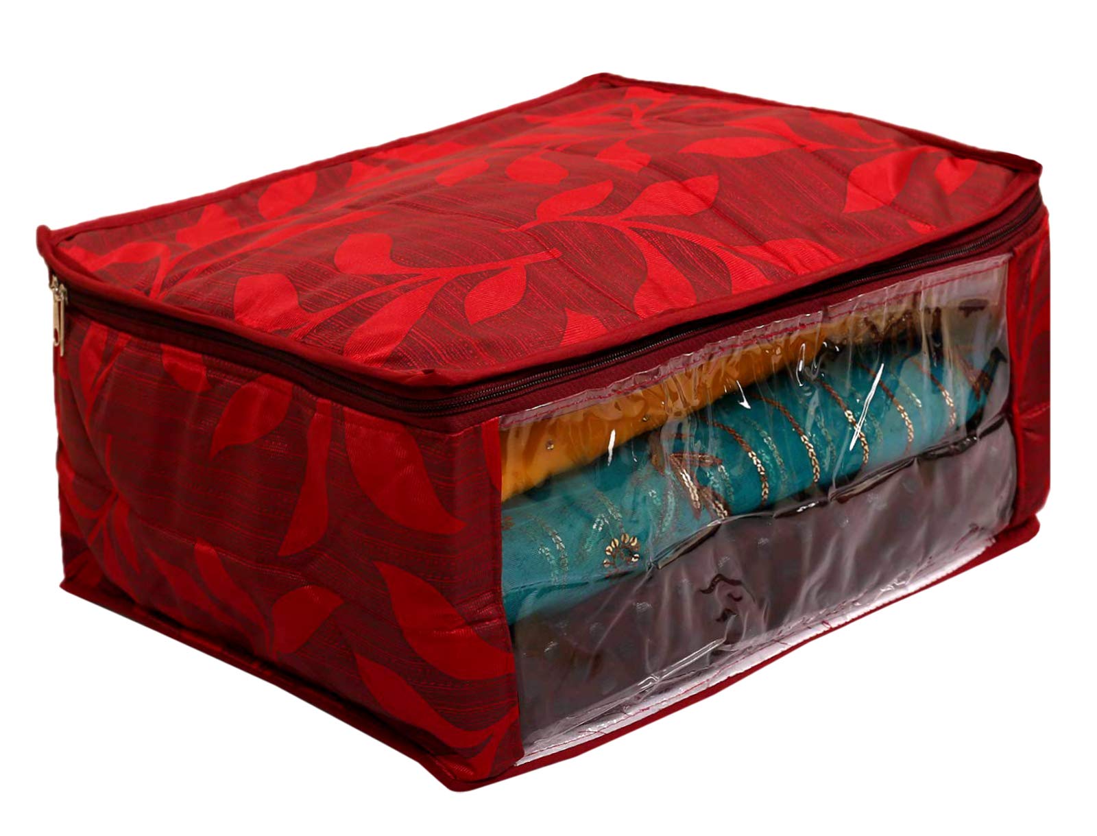 Kuber Industries Leaf Printed Saree Cover Bag/Wardrobe Organiser with Transparent Window (Maroon)