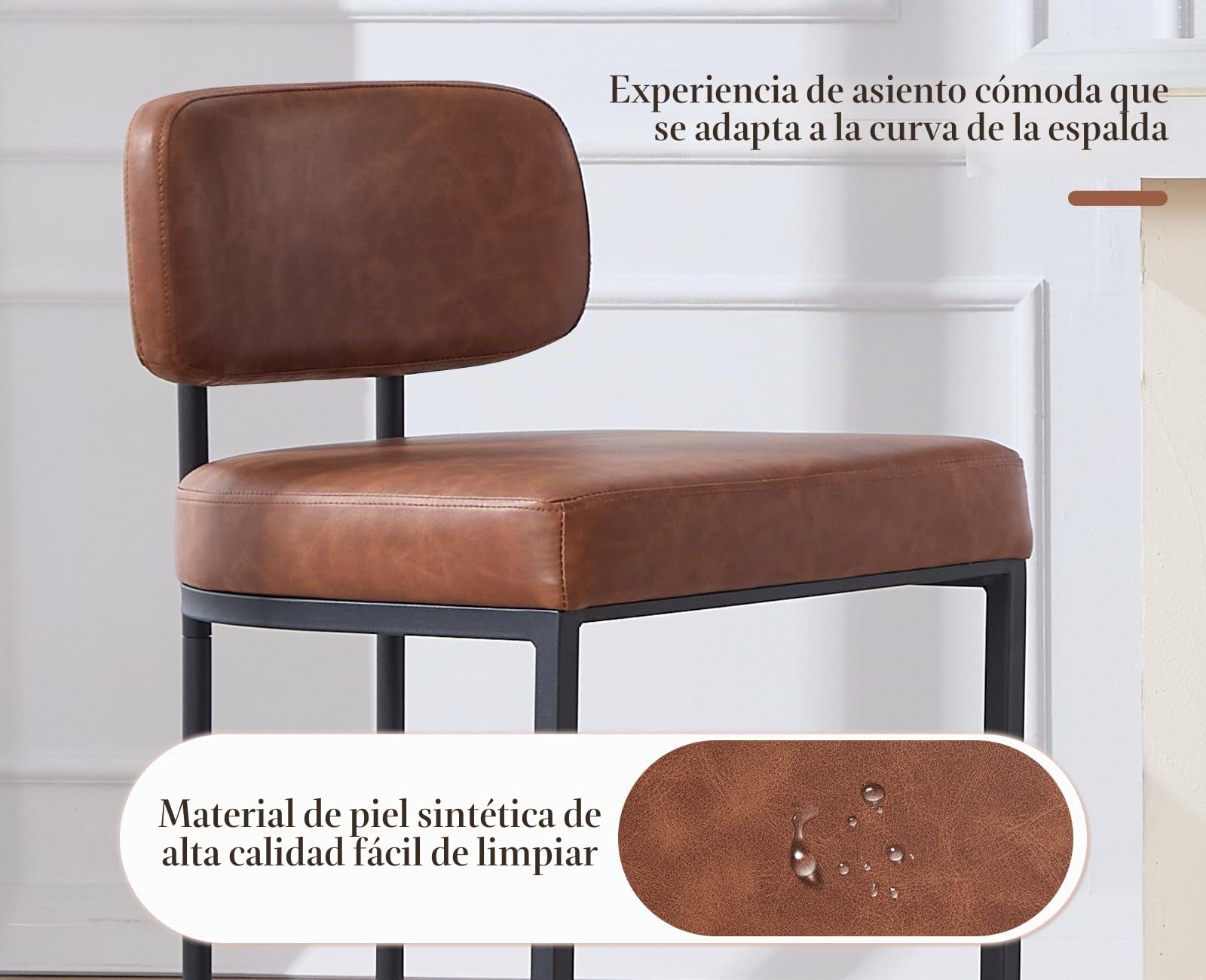 Juego de 2 taburetes de Bar de Piel sintética con Respaldo y reposapiés, Taburete de Cocina con Patas de Metal para Bar, mostrador, Cocina y hogar (2, marrón)