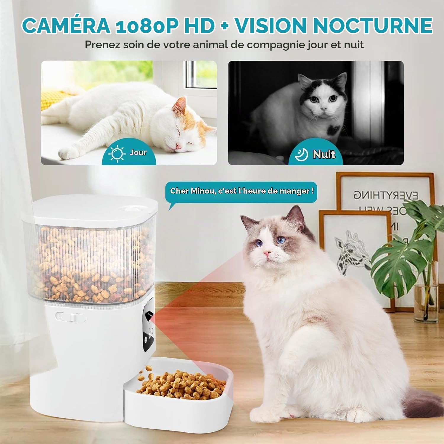 Distributeur Croquettes Chat Automatique, 3L Mangeoire Automatique pour Chat avec Caméra 1080P, 2,4 G WiFi+Bluetooth, Fonction Minuteur et Enregistrement Vocal (Blanc)