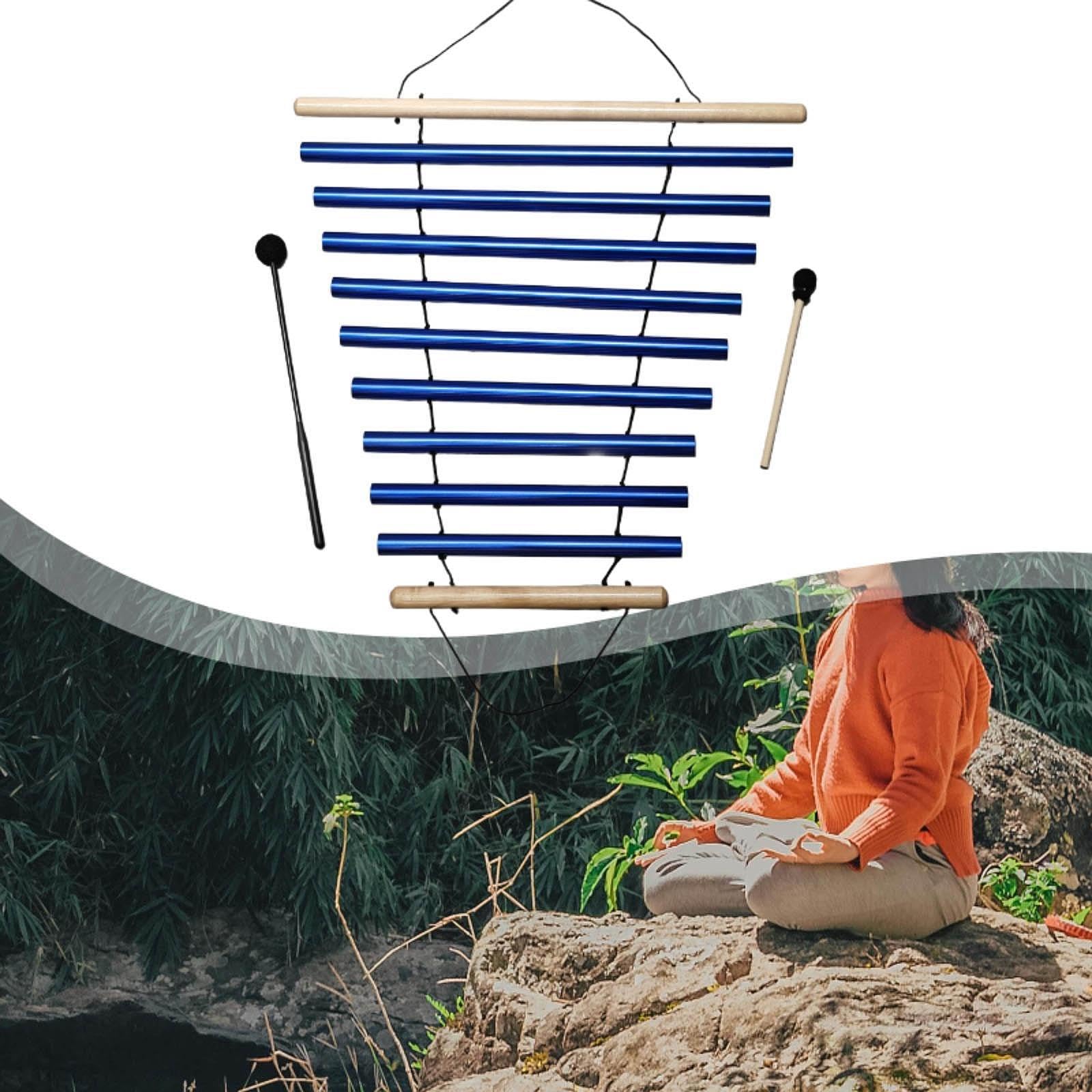 Carillon Éolien Instrument Percussion Cloche Méditation Bois Métal Son Apaisant avec Maillet Poignée Maniable Adapté pour Pratique Méditation, Bleu